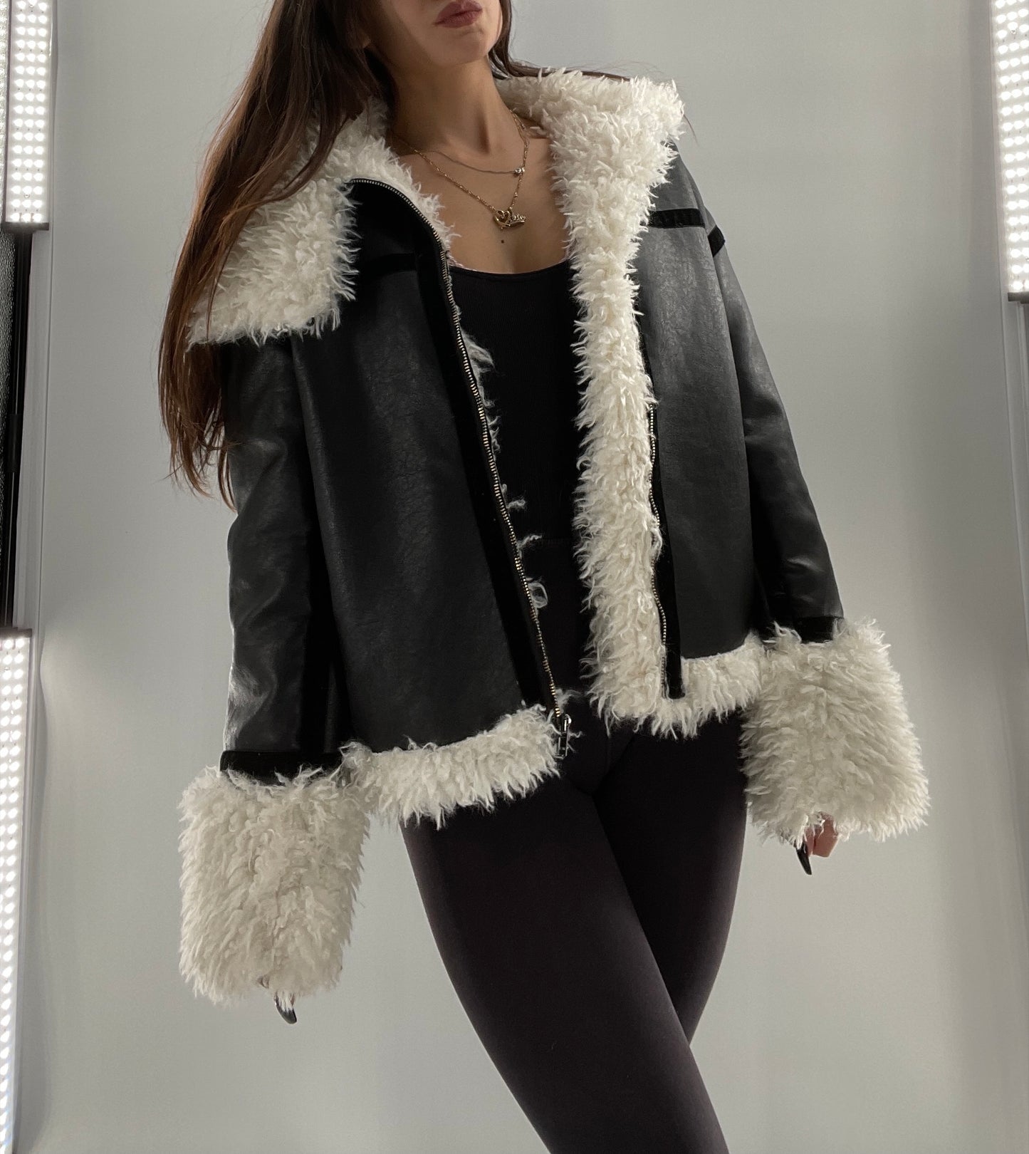 LIONESS Phoenix Jacket Black Faux Leather White Fur Trim (XS)