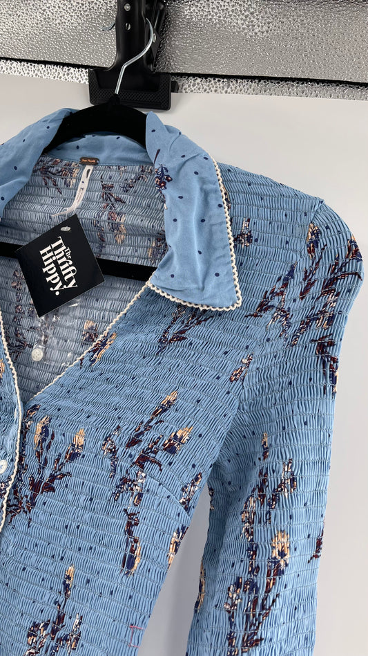 Free People Powder Blue Smocked, Collared, Bell Sleeved, Button Up (XS)