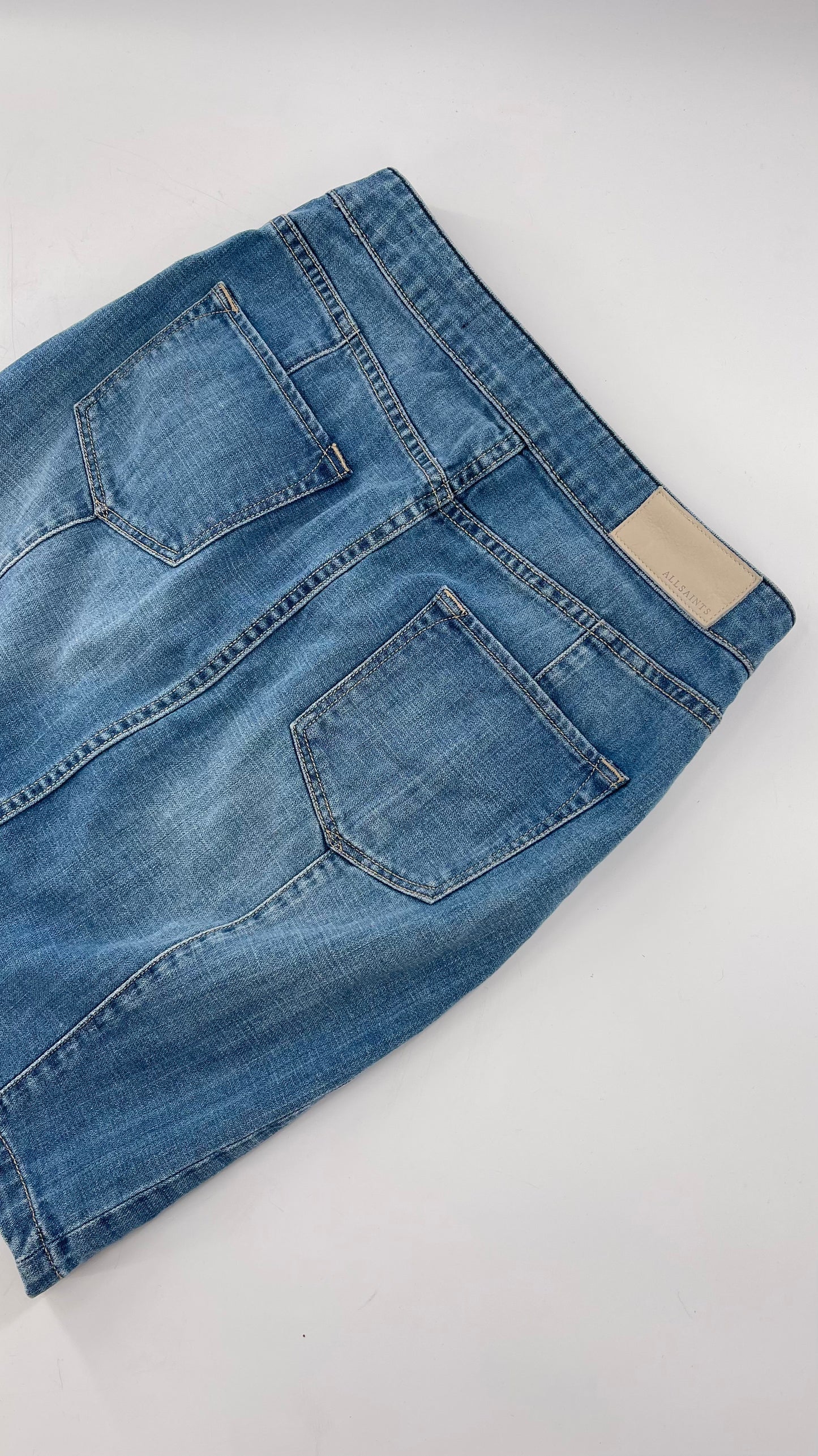 ALLSAINTS Light Wash Button Front Knee High Skirt (4)