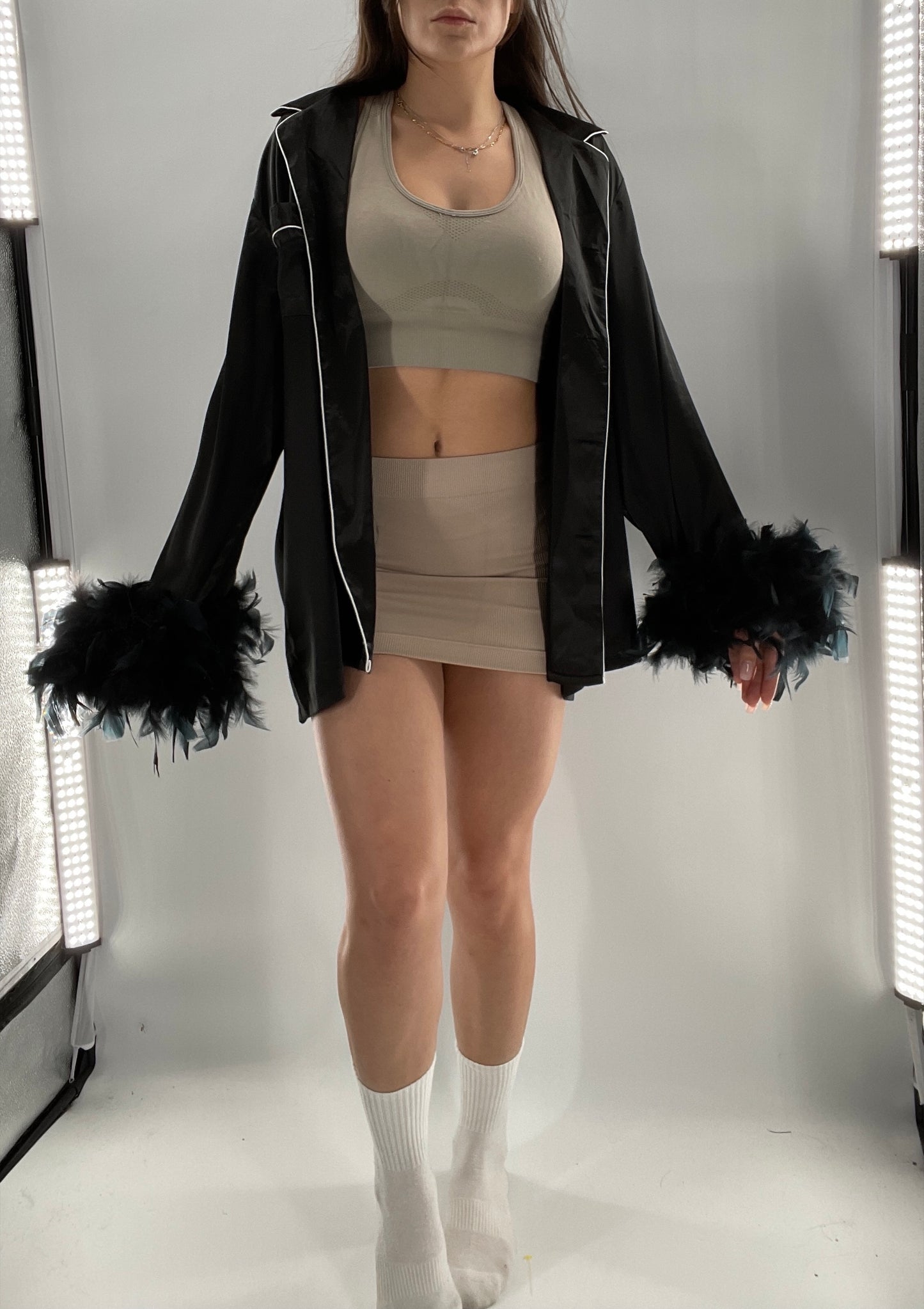 Lonxu Black Satin Pijama Top with Ostrich Feather Cuffs (XXL)