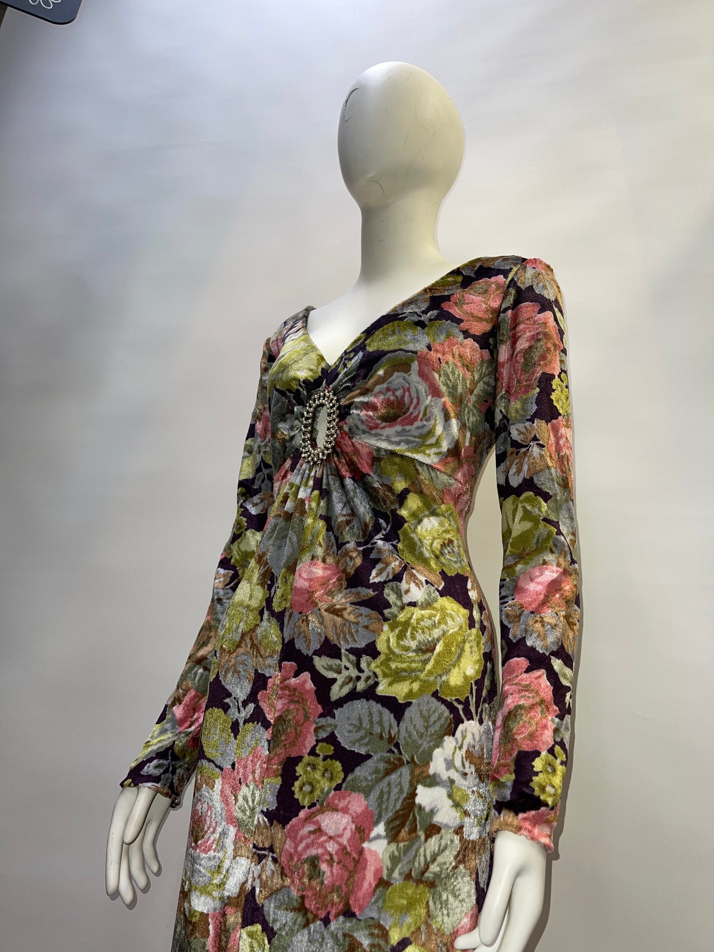 Workers Union (Vintage) Handmade Flowered Velour With Rhinestone Broche Maxi Dress (Sized M)