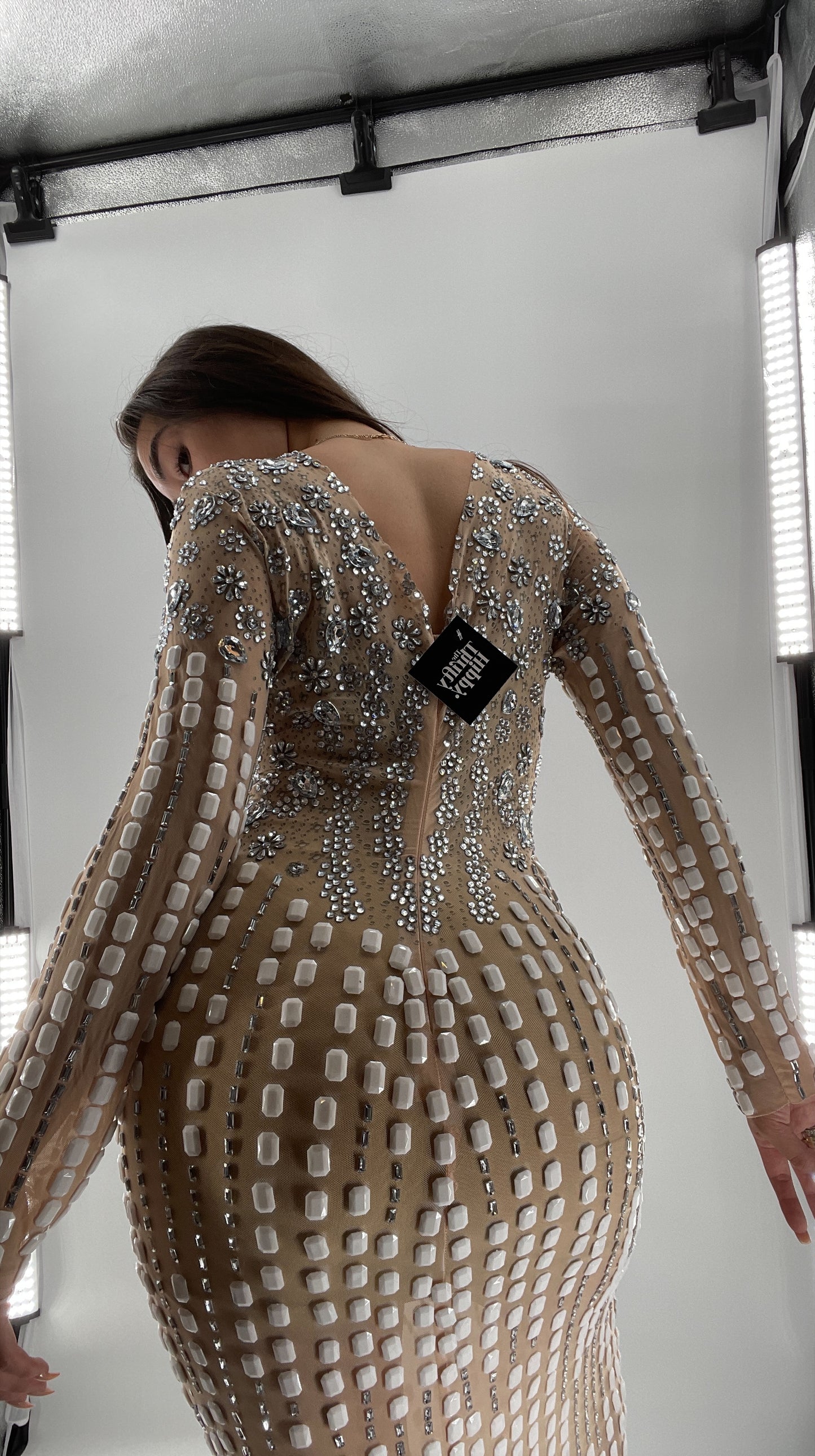 Modified Floor Length Gown Nude Underlay with Crystals and White Jewels (Medium)