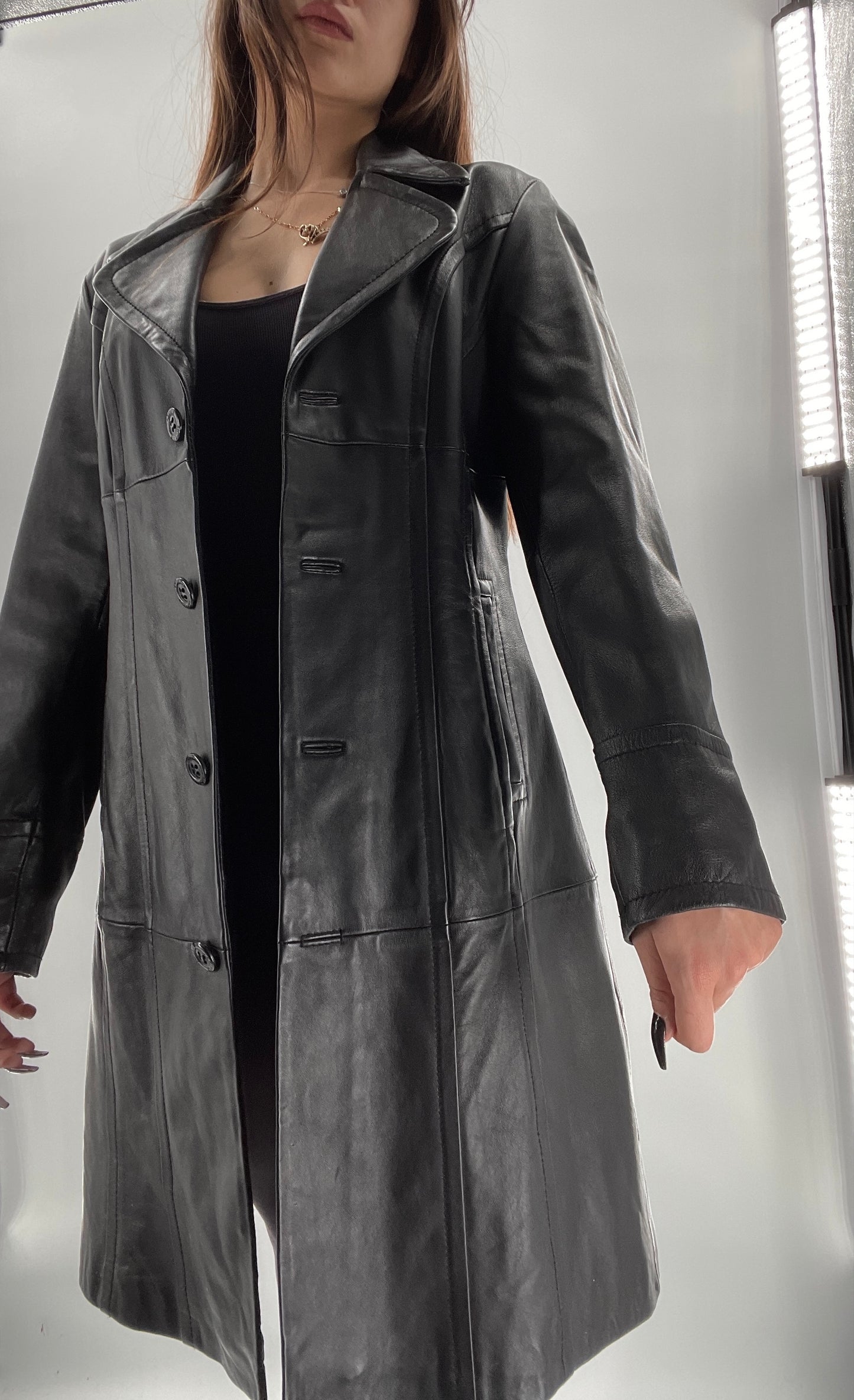 Vintage Black Leather Collared Midi Coat (Small)