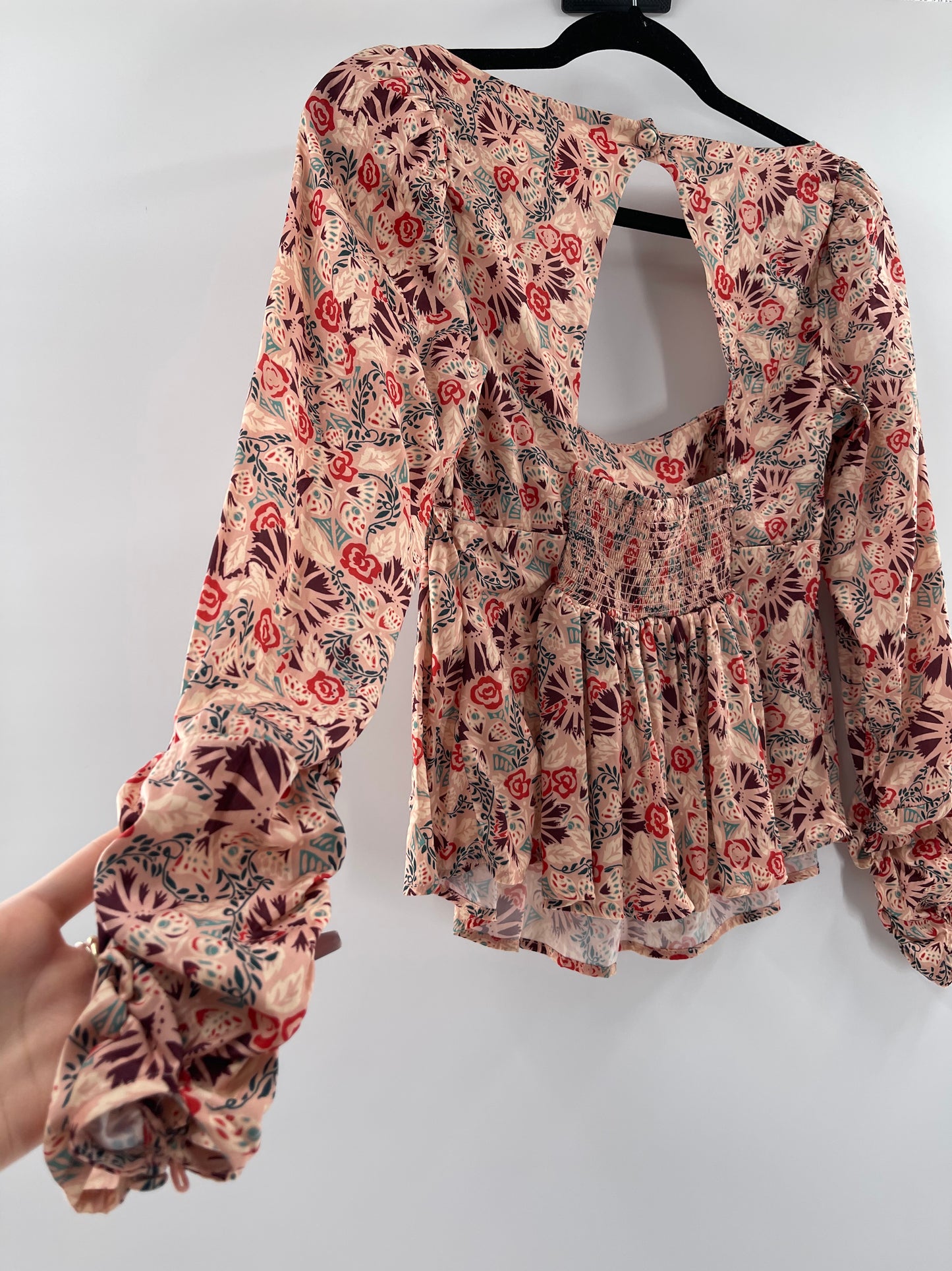 Free People Silky Satin Mauve Peplum Long Sleeve (Small)