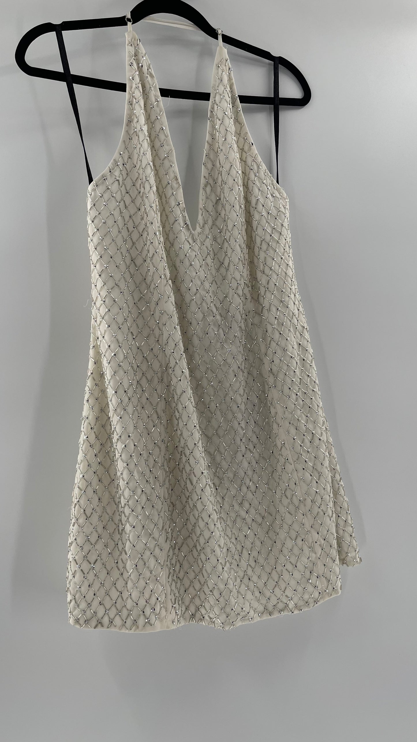 X by NBD White Jack Dress in Ivory Silver Beaded Halter Dress with Tags Attached (Large)