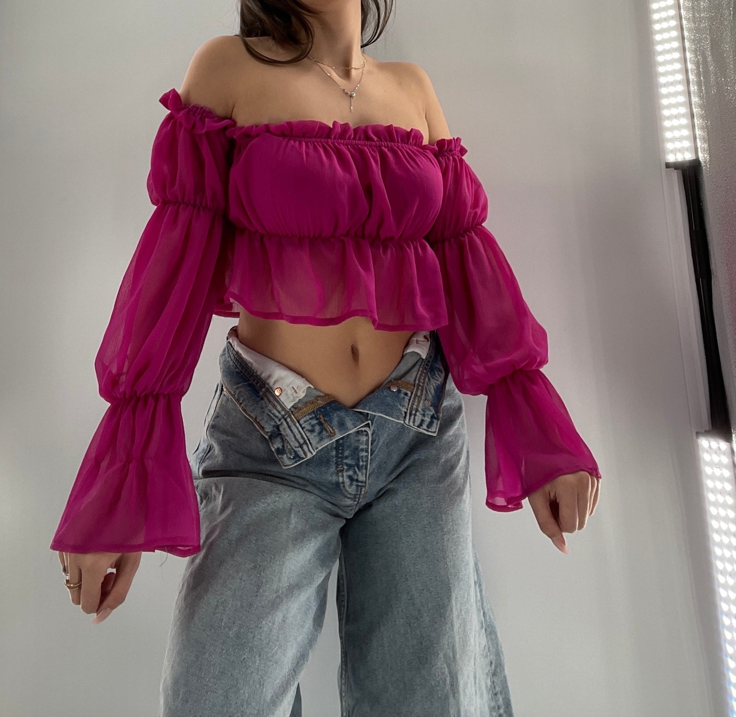 Fashion Nova Fuchsia Sheer Long Sleeve Crop (Small)