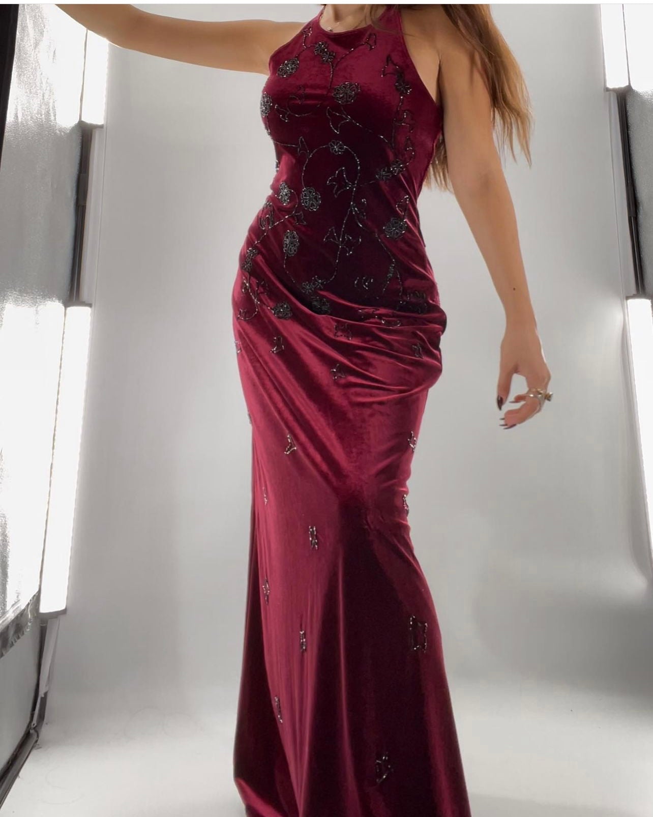 Red Velvet Vampirella Gown with Black Beading (8)