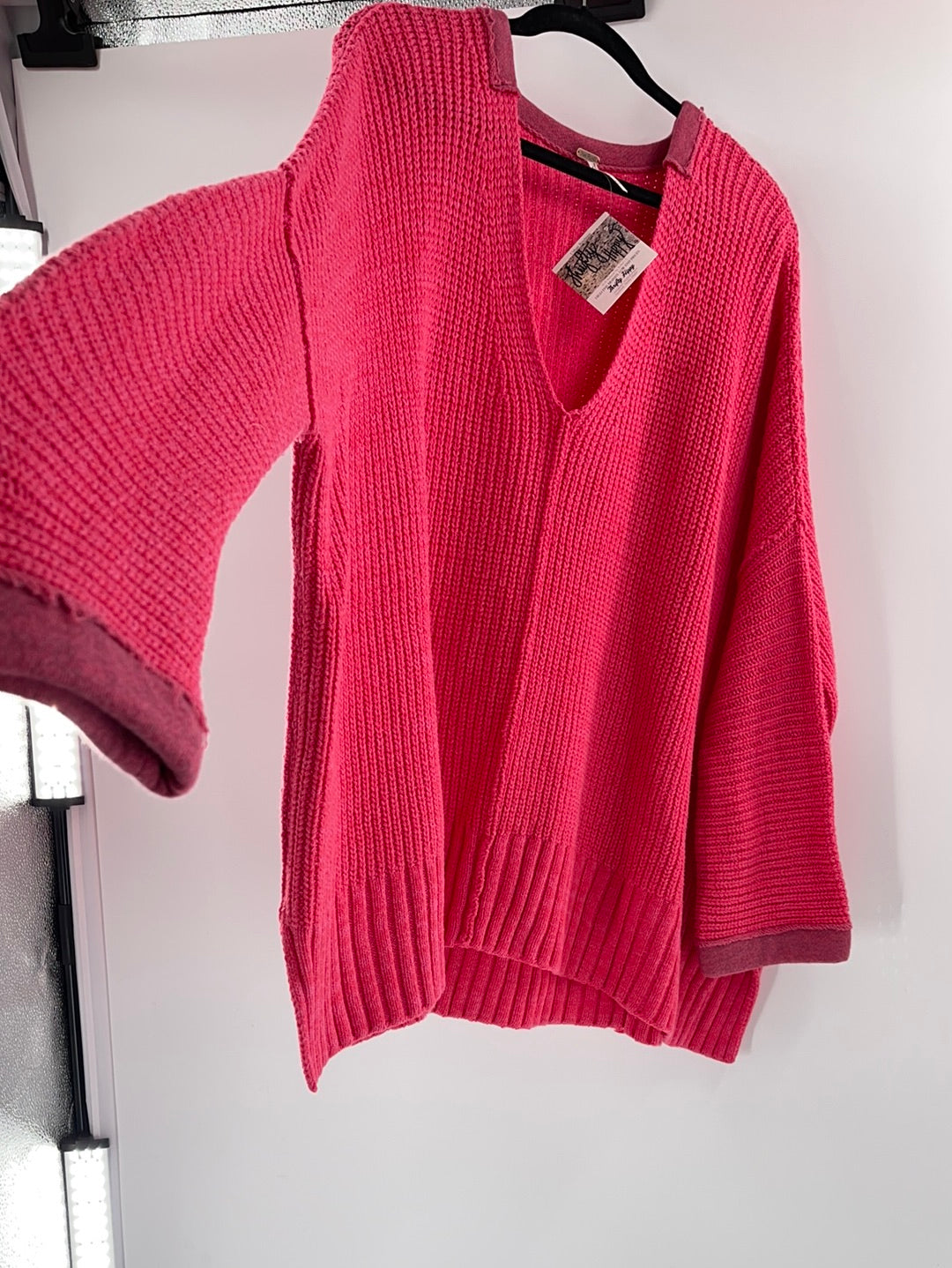 Free People Bright Pink Oversized Sweater V Neck ( Size Medium/Large)