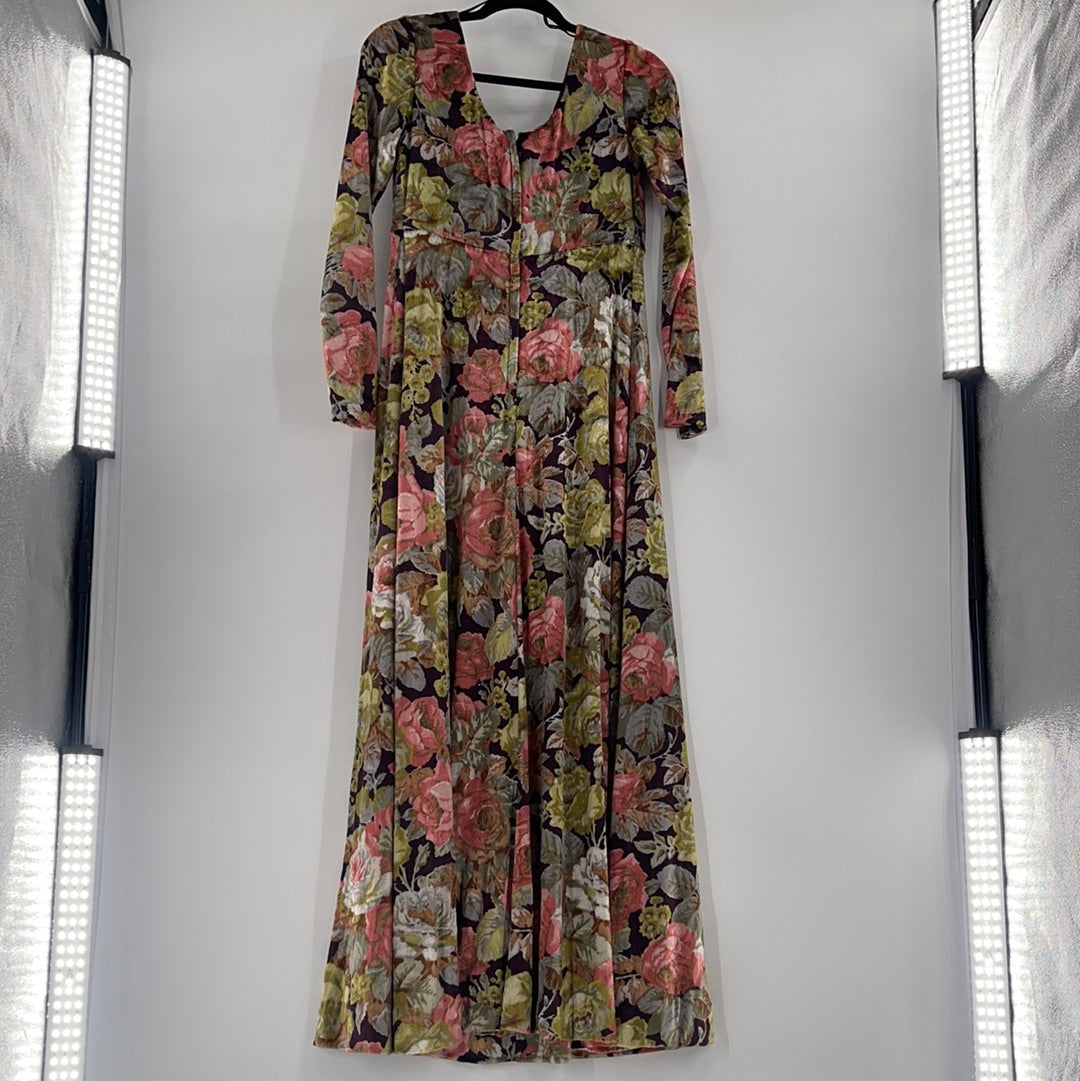 Workers Union (Vintage) Handmade Flowered Velour With Rhinestone Broche Maxi Dress (Sized M)