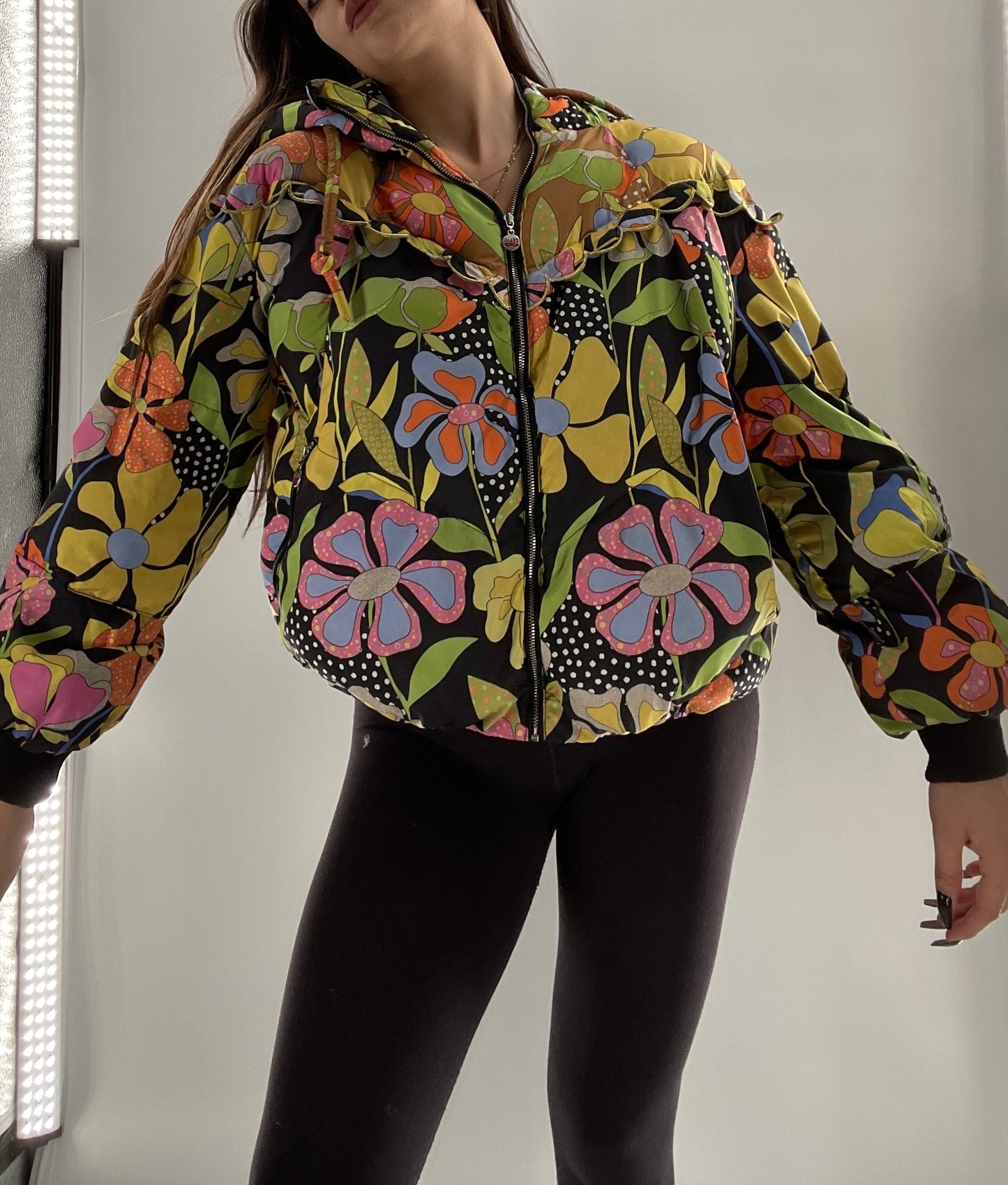 CELIA B Oregon Black Puffer with Contrast Colorful Flowers (Small)