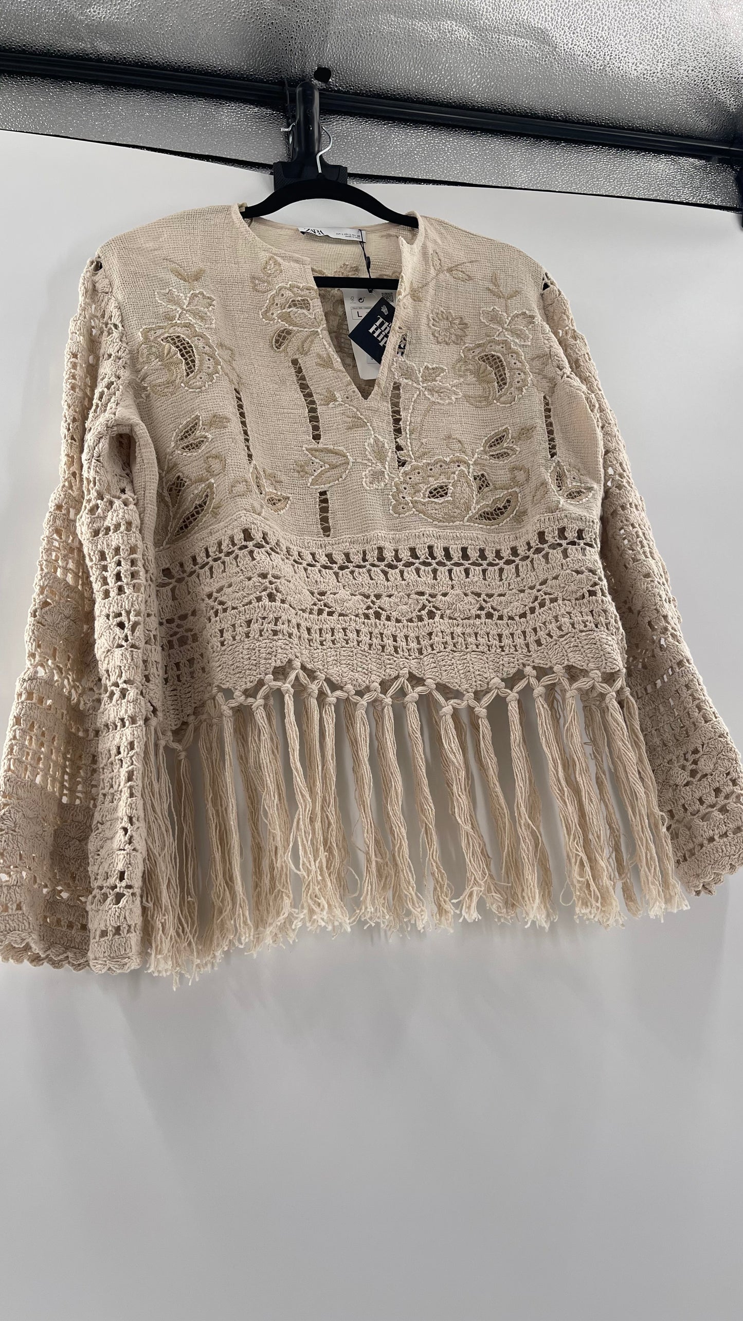 Zara Beige Gauze, Crochet, Embroidered Tunic Blouse (Large)
