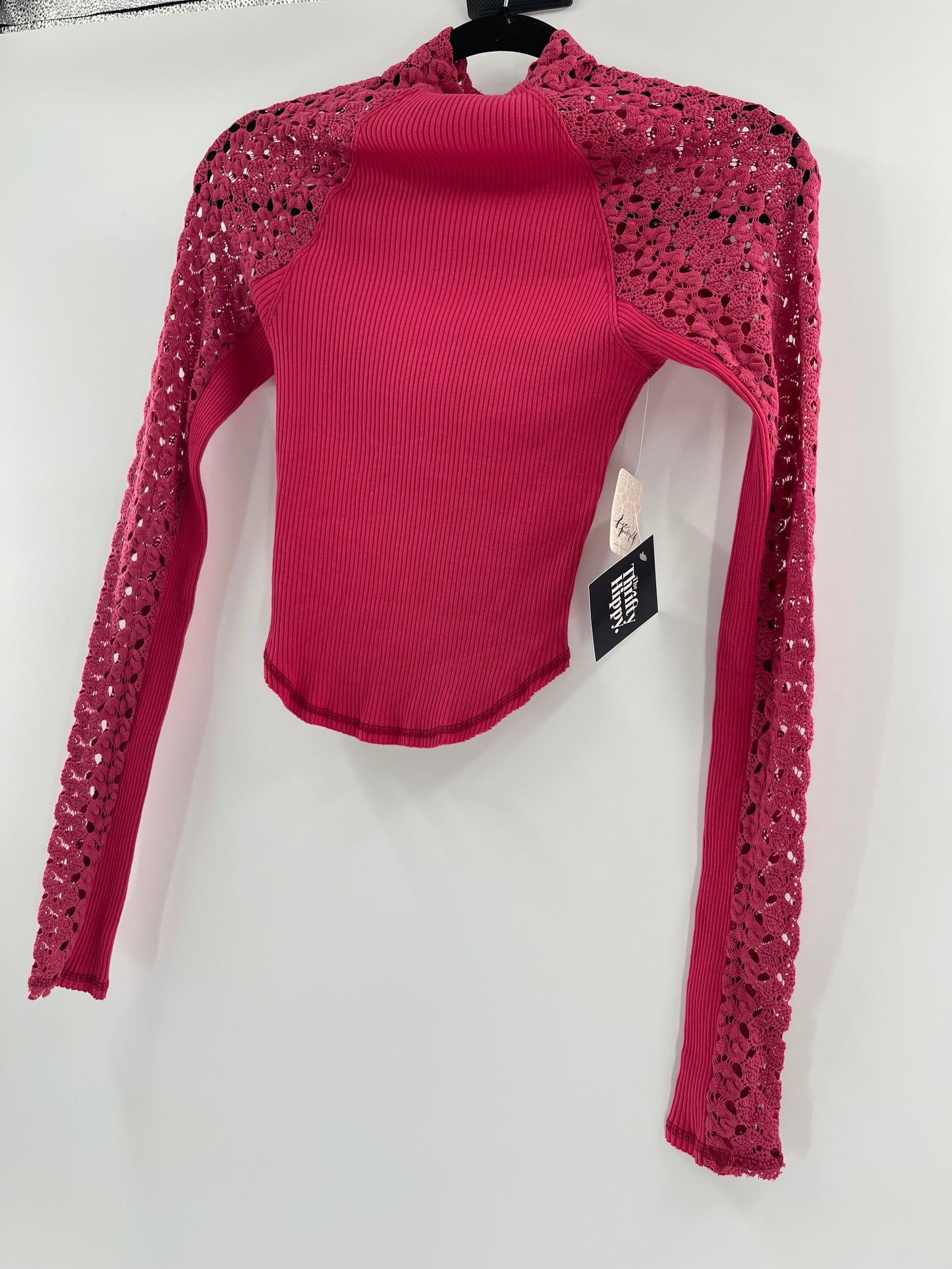 Free People Red Ribbed Knit + Lace Mock Neck (XS)