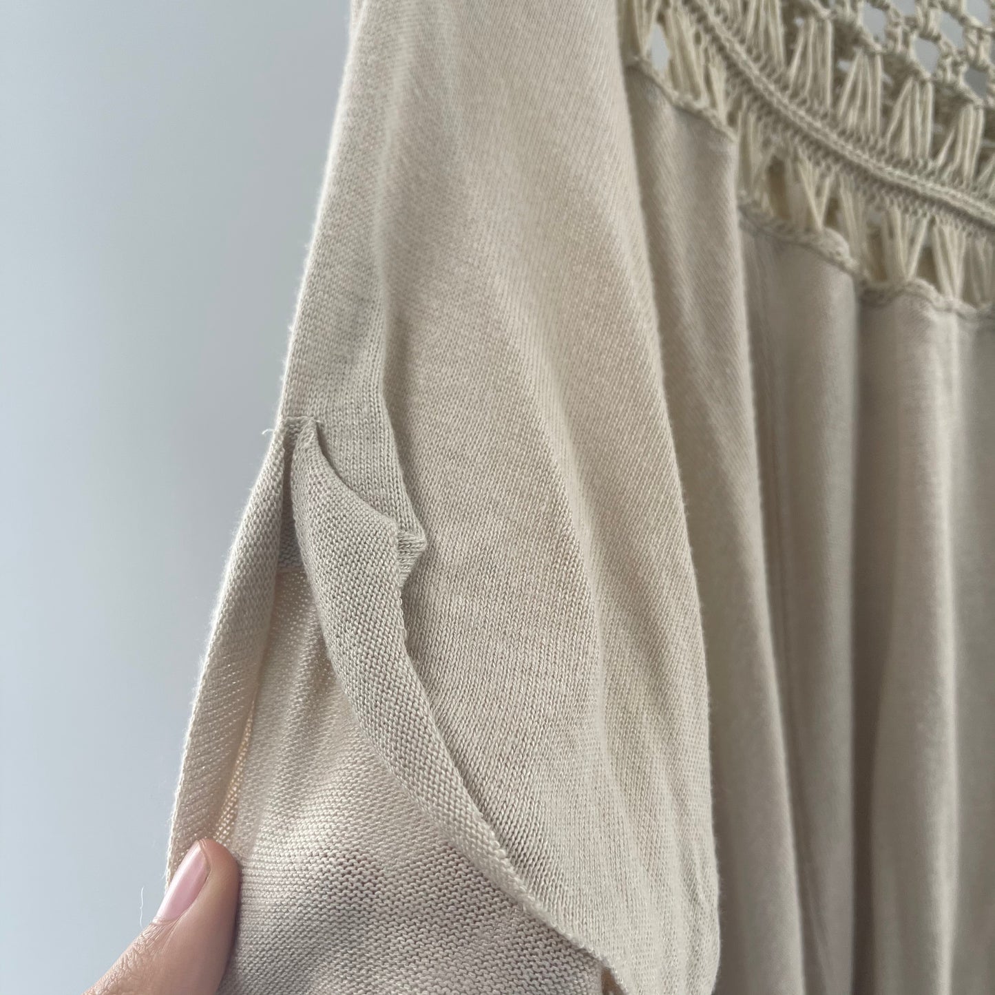 Free People - We The Free - Short Sleeve Light Beige Top with Crochet and Macrame Details on Neckline (Size XL)
