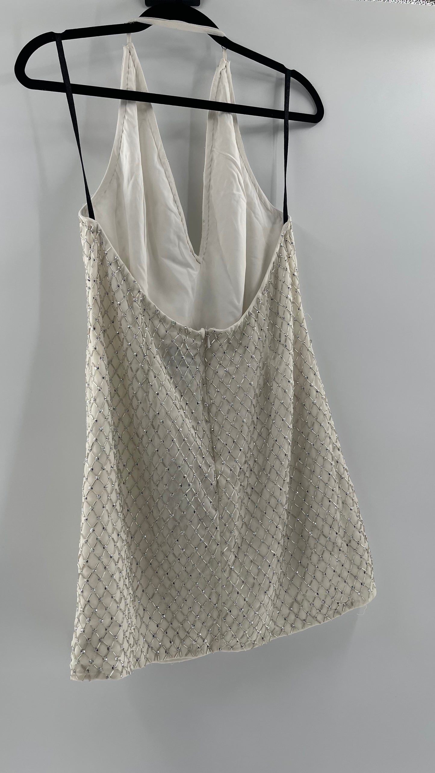 X by NBD White Jack Dress in Ivory Silver Beaded Halter Dress with Tags Attached (Large)