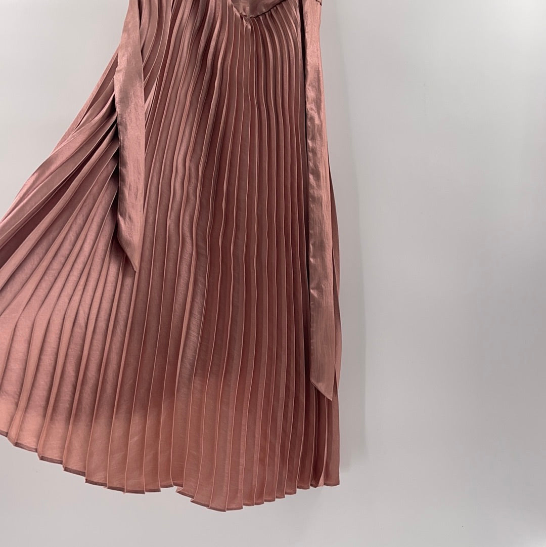 Anthropologie Long Rose Gold Satin Pleated Skirt (Size 12)