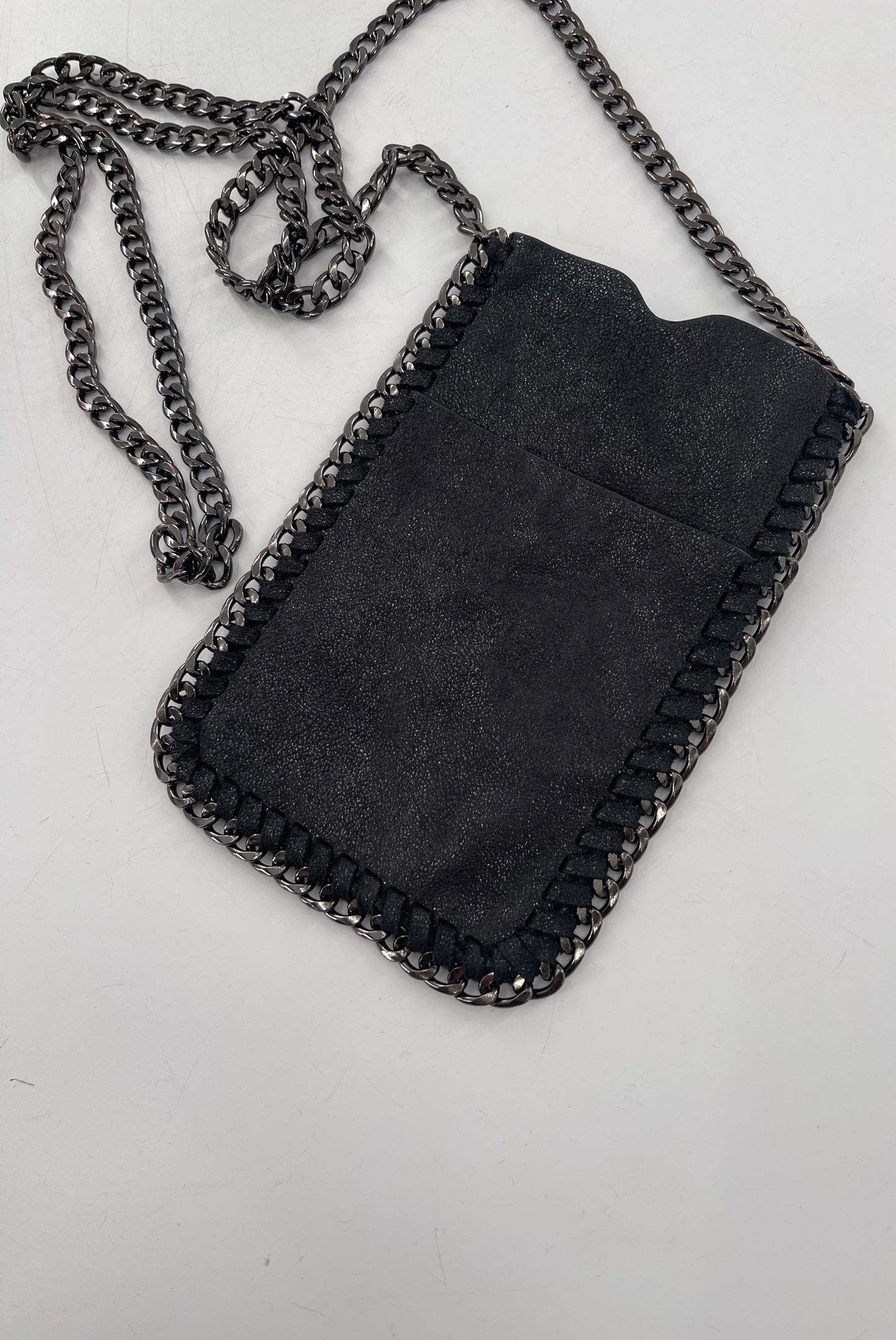 Metallic Black Leather Chain Lined Phone Pouch