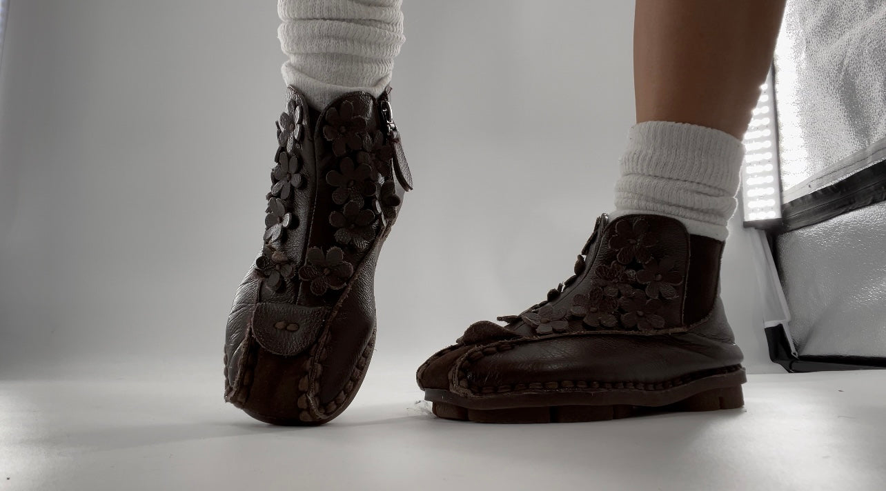 Handmade Brown Leather Flower Power Booties (38)