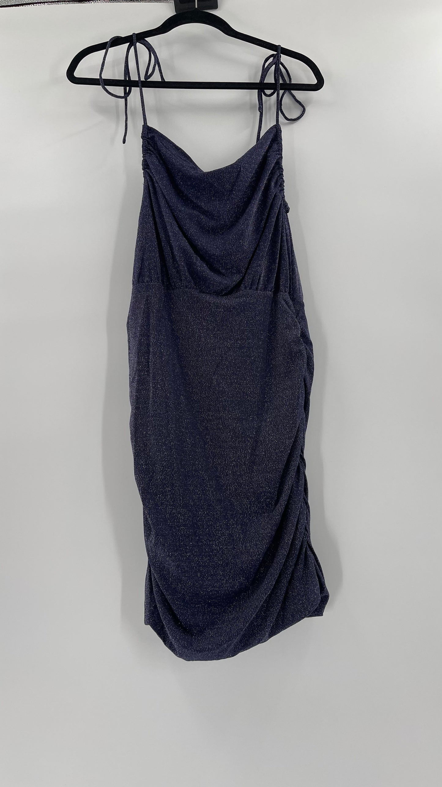 Free People Navy Glitter Ruche Dress (Large)