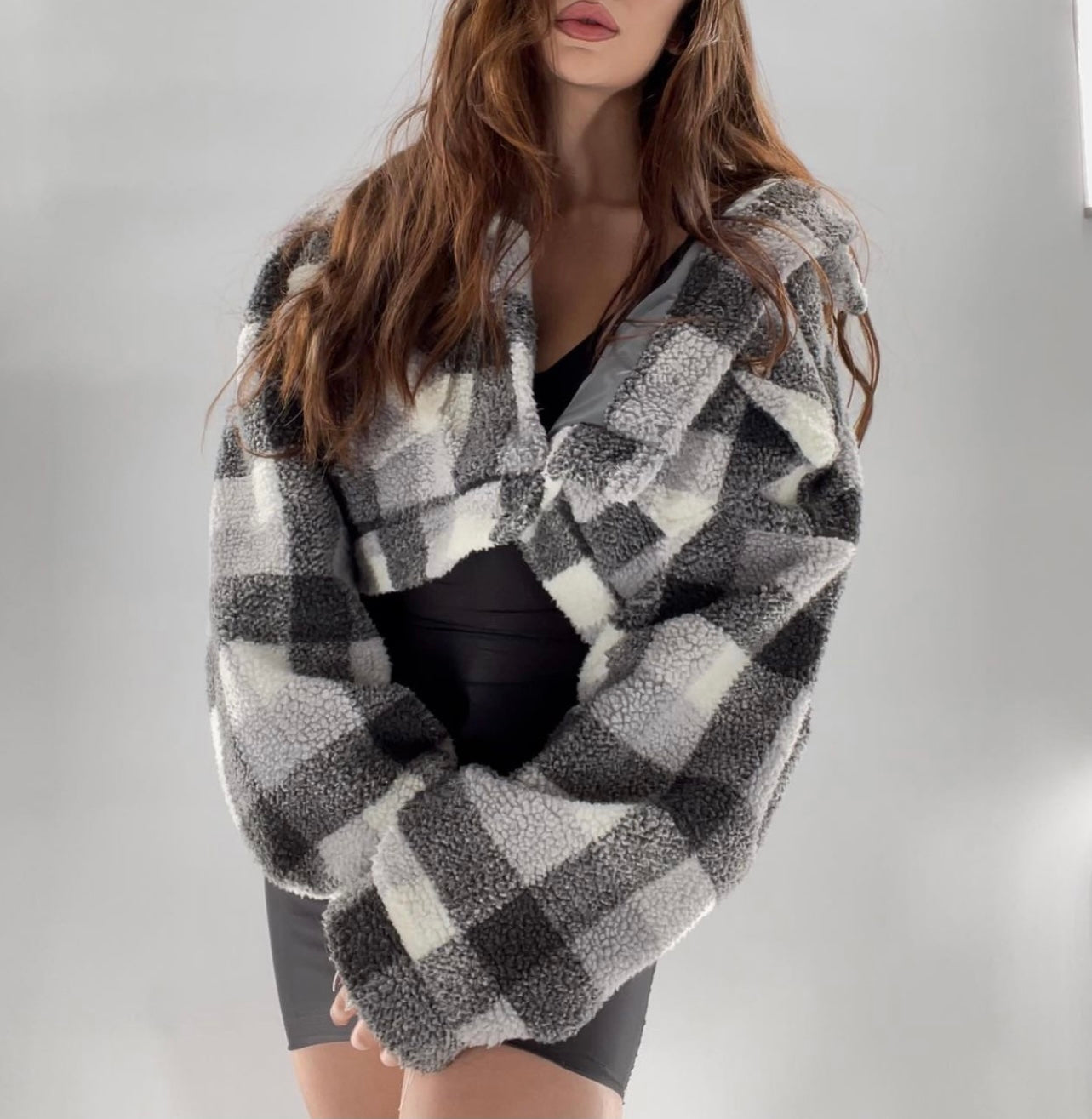 E.SSUE Cropped Sherpa Gray White Plaid Jacket (Size S)
