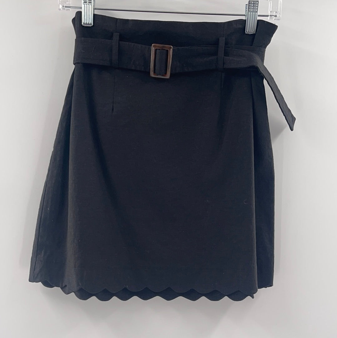 Urban Outfitters Black Linen Mini Skirt With Belt and Scalloped Hem(Size M)