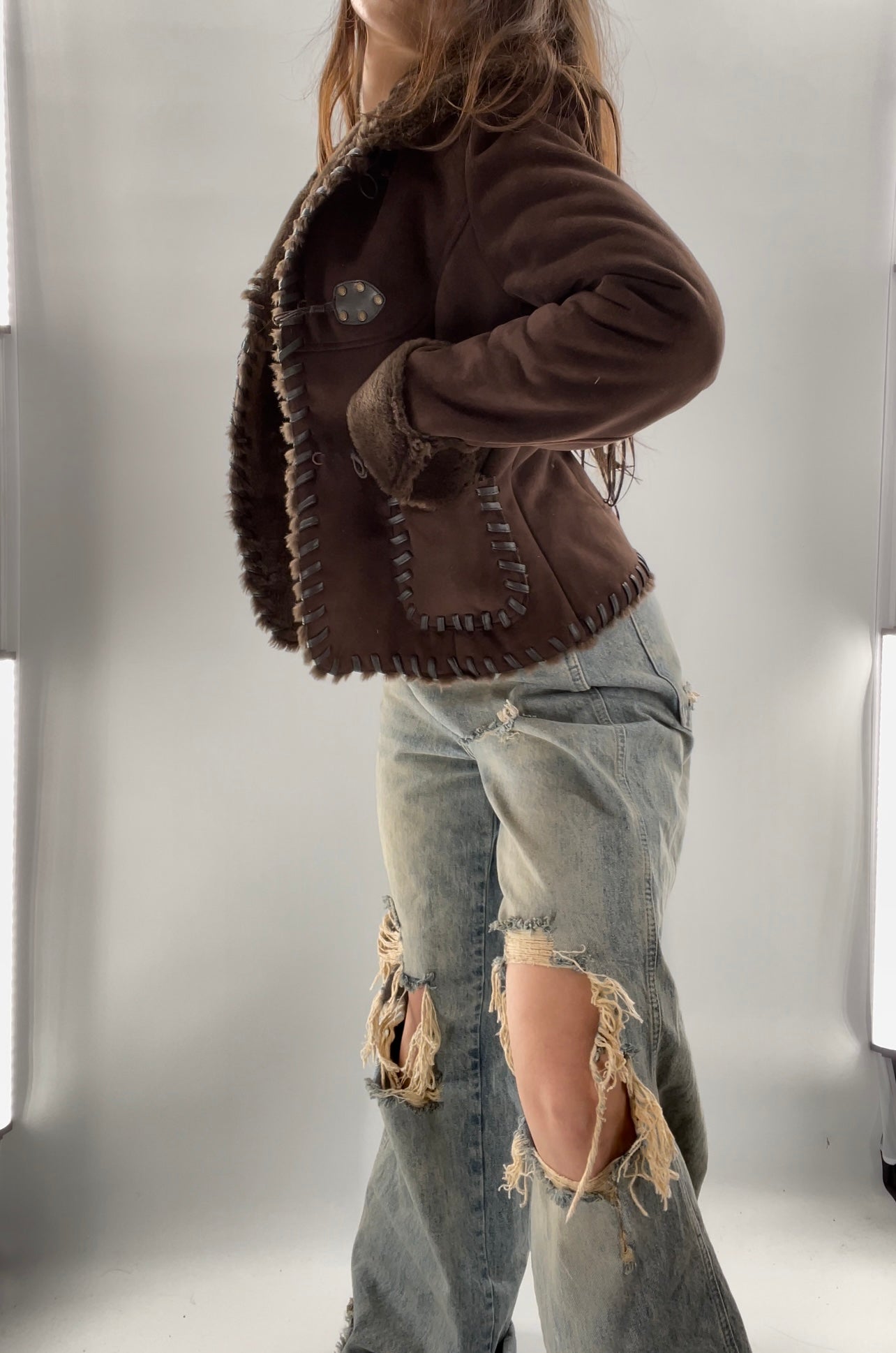 Via Spiga Vintage Faux Suede and Fur Trim Jacket (Small)