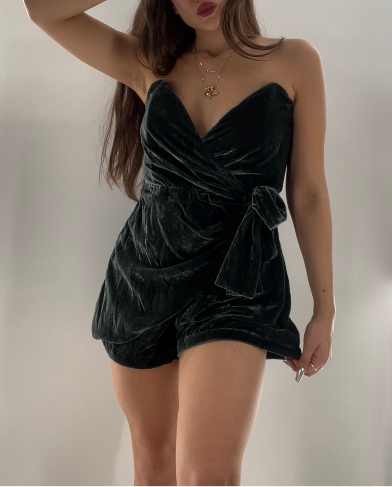 Free People Emerald Green Velvet Romper (Medium)