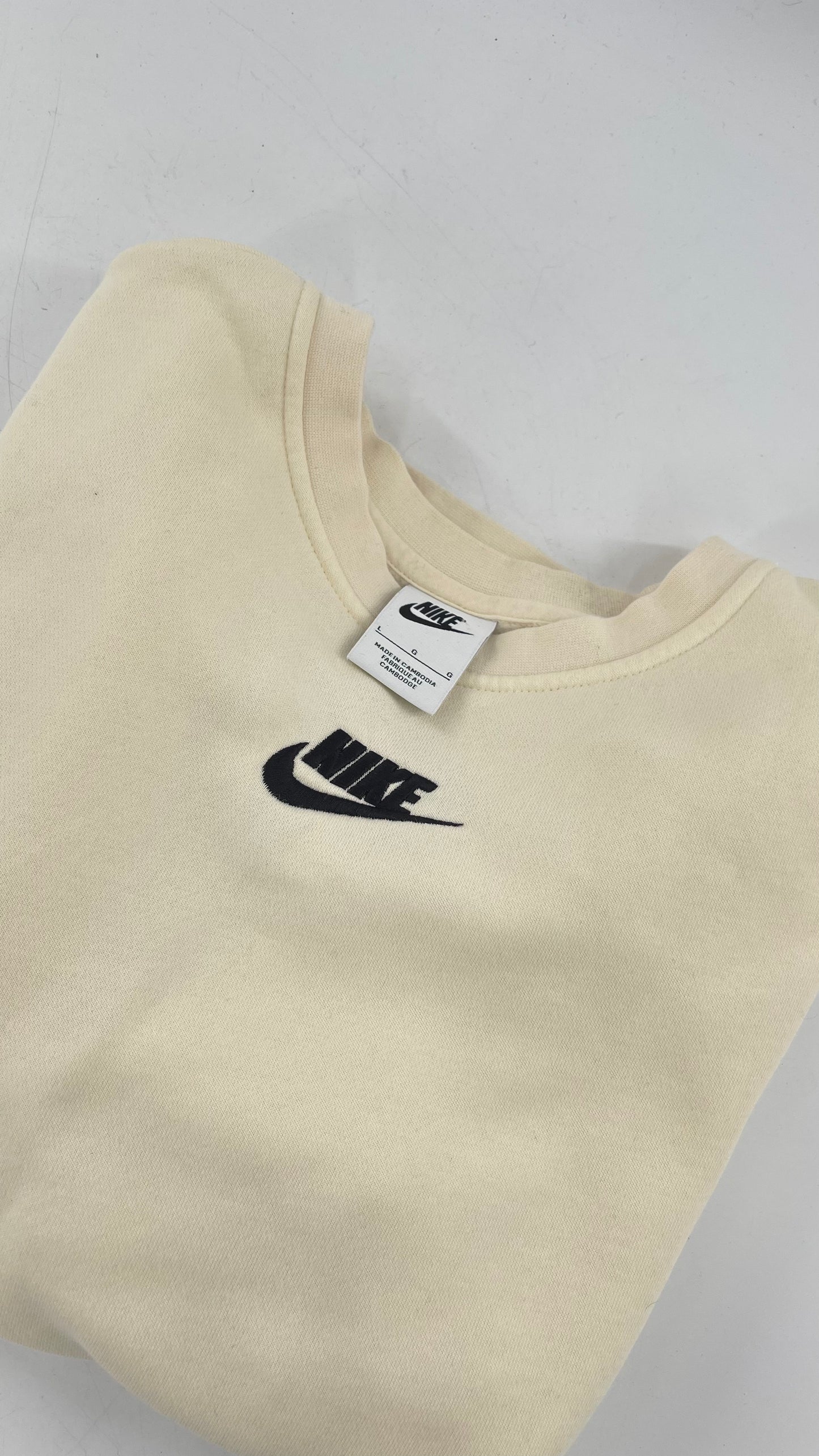 Cream Nike Crewneck with Minimalist Black Chest Logo (Large)