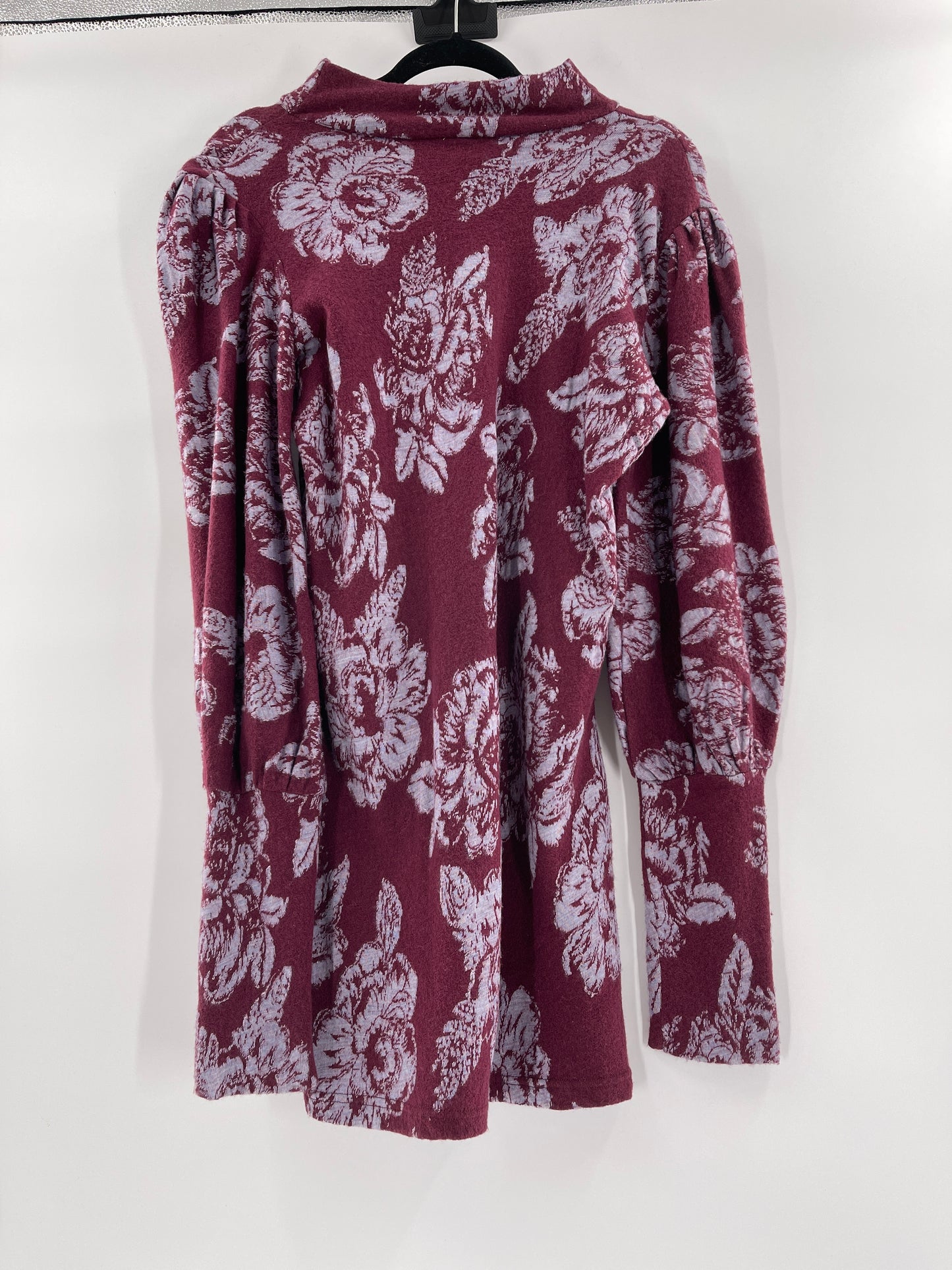Free People Burgandy Floral Mock Neck Long Sleeve Mini Dress (Size L)