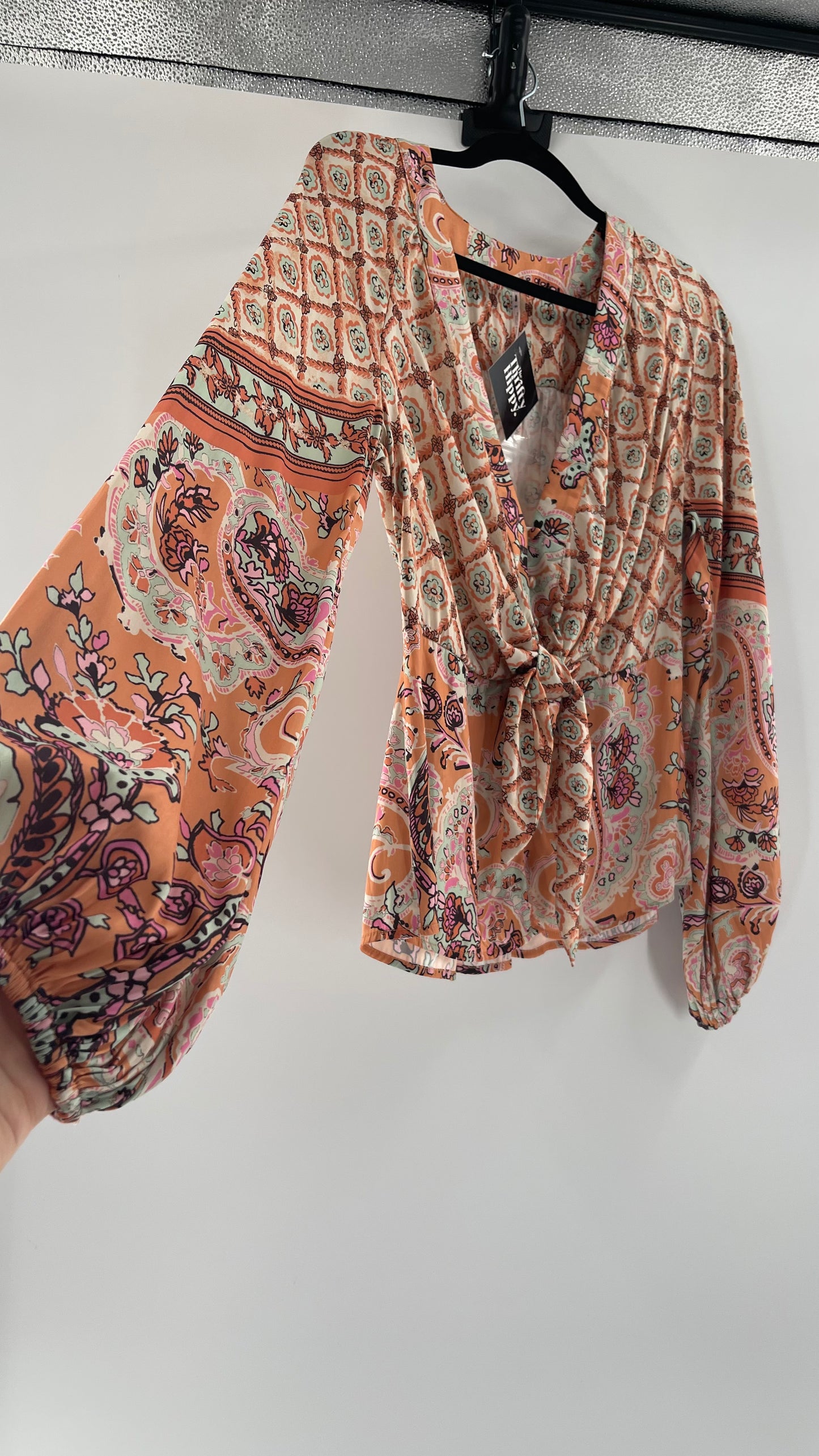 Free People Silky Orange Paisley Tie Front Blouse (M)