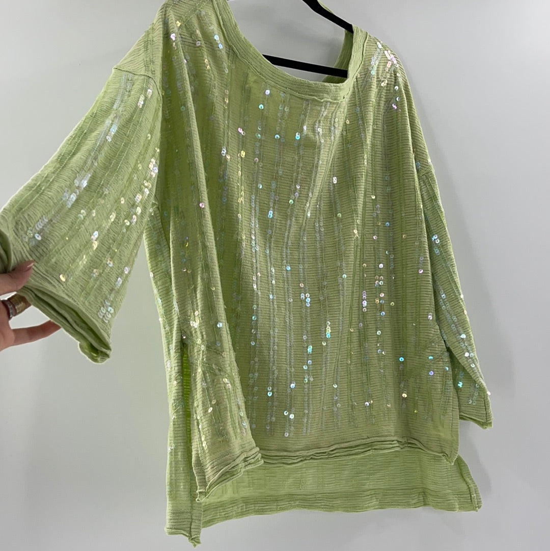 Free People Lime Green with Iridescent Sequin High Low Sweater (Size Small)