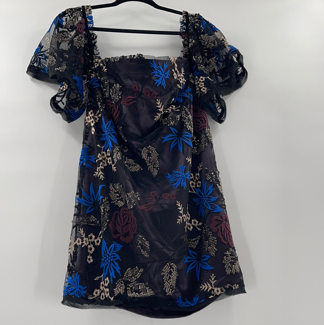 Urban Outfitters - Embroidered Blue / Gold Flower Pattern Mini Dress (Size Medium)