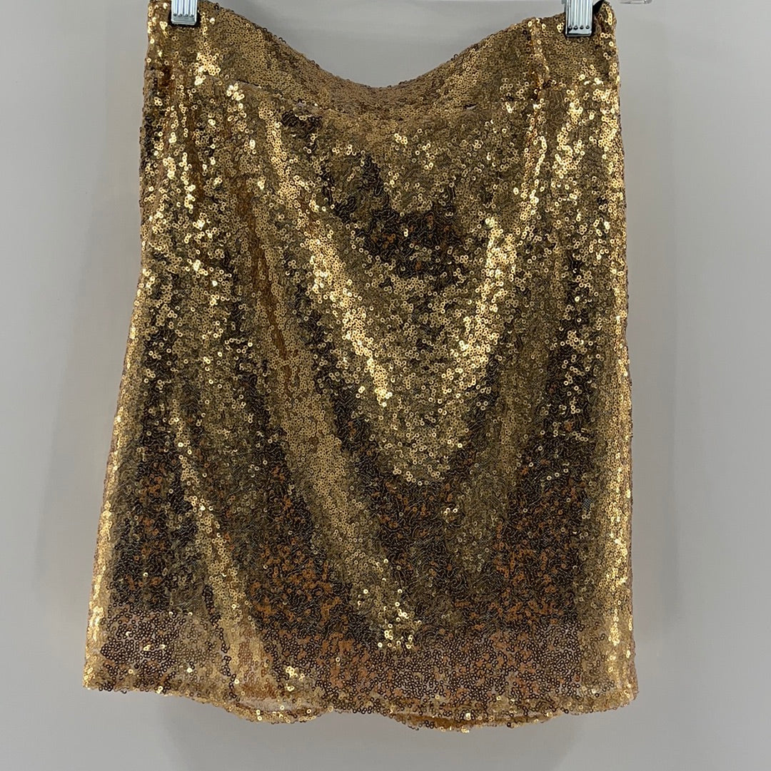 Free People Sparkly Gold Sequin Mini Skirt Ruched Side (Size Medium)