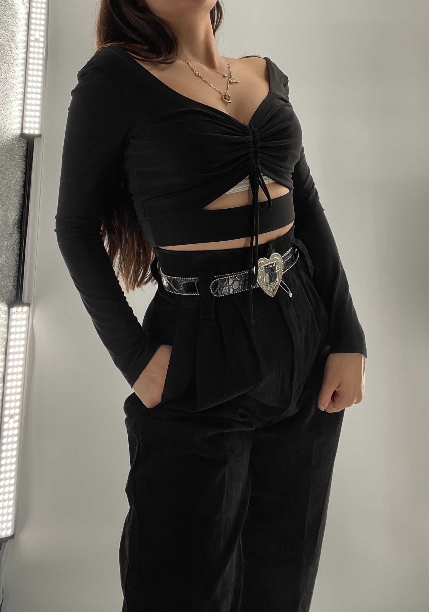Black Long Sleeve with Ruched Bust and Keyhole (Medium)
