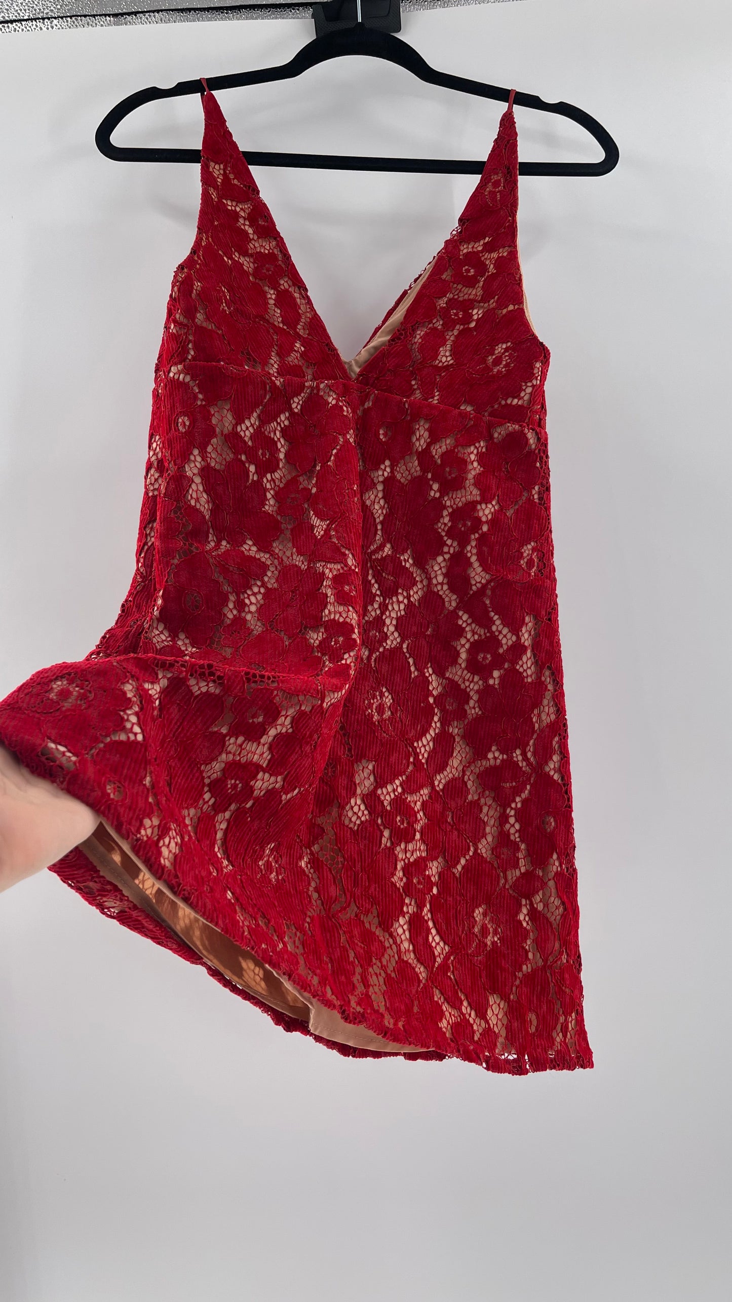 Free People Red Corduroy Lace Over Nude Underlay Sleeveless Mini Dress (Size 0)