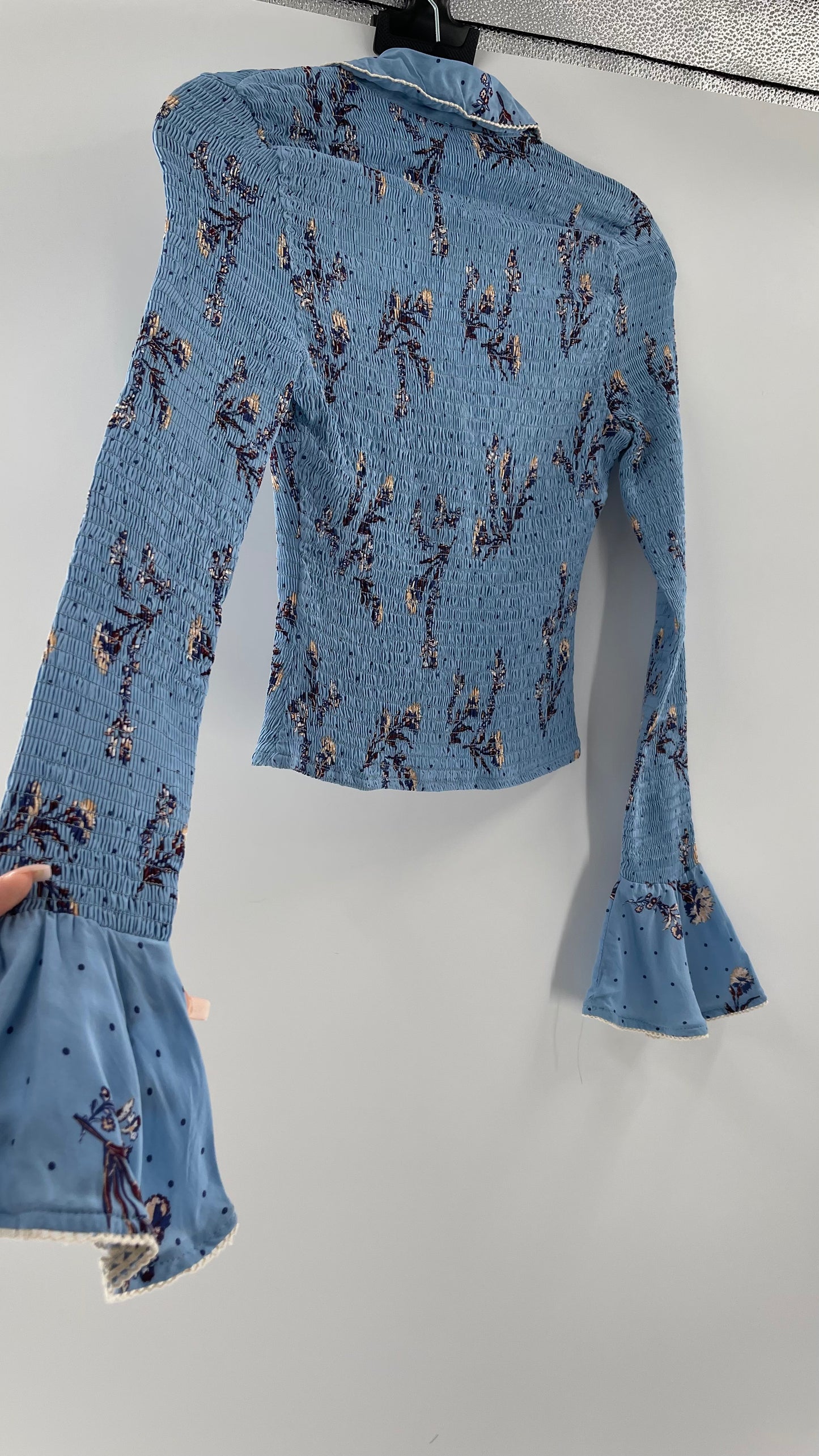 Free People Powder Blue Smocked, Collared, Bell Sleeved, Button Up (XS)
