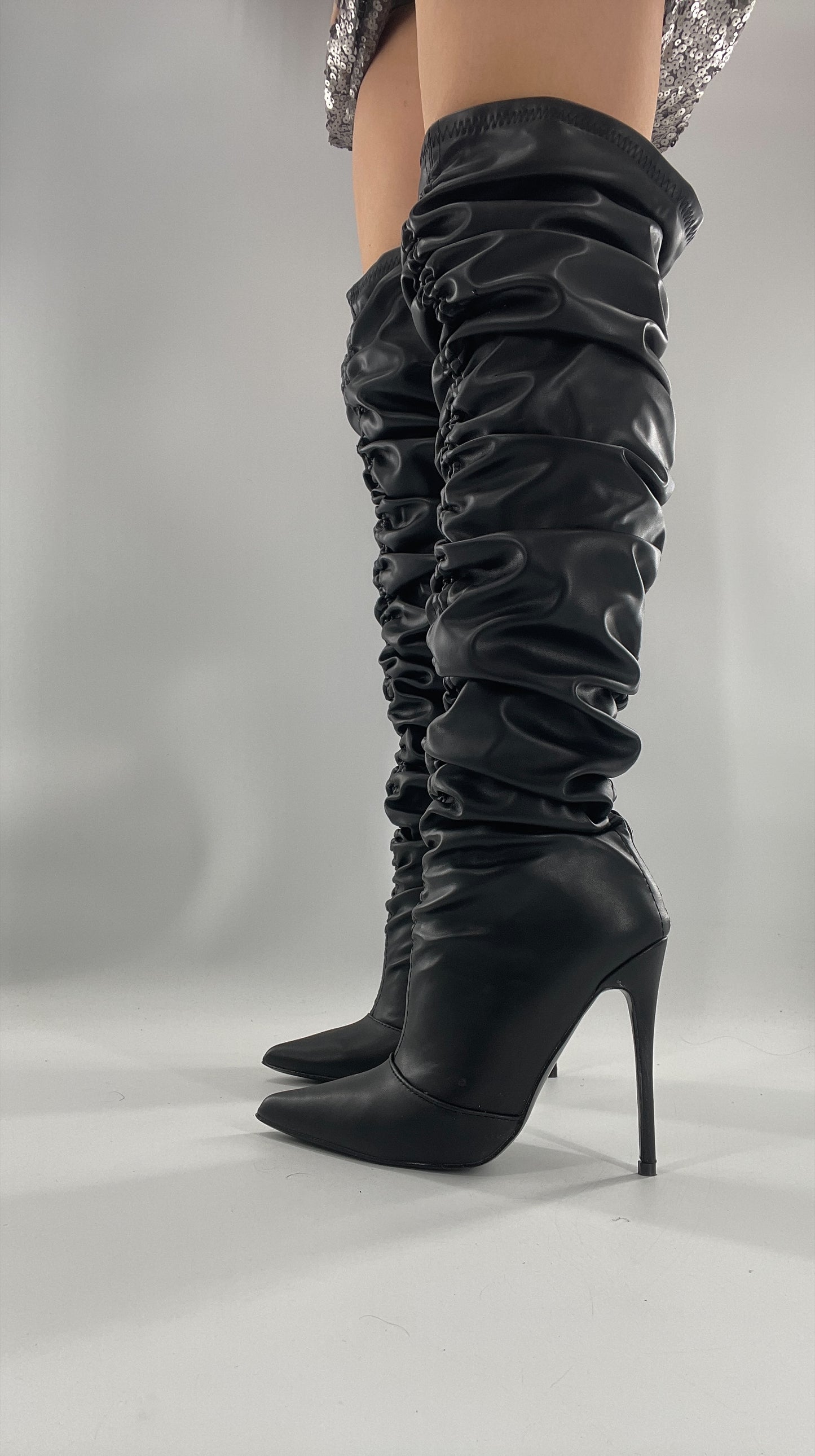 Unlabeled Black Vegan Leather Thigh High Scrunch Boots (8)