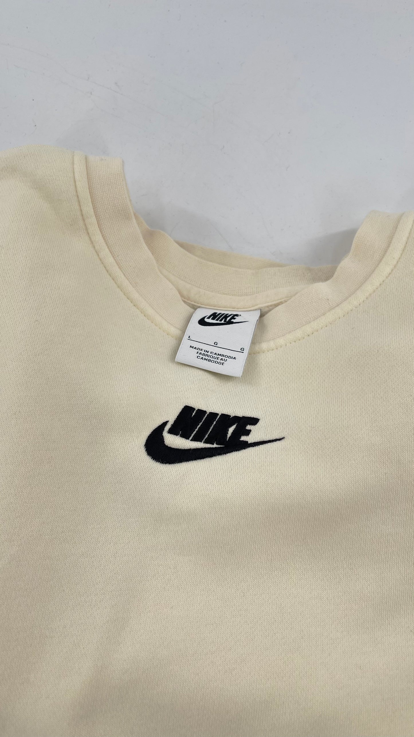 Cream Nike Crewneck with Minimalist Black Chest Logo (Large)