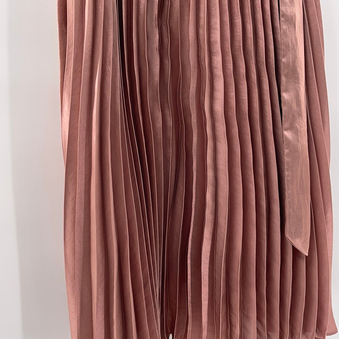 Anthropologie Long Rose Gold Satin Pleated Skirt (Size 12)