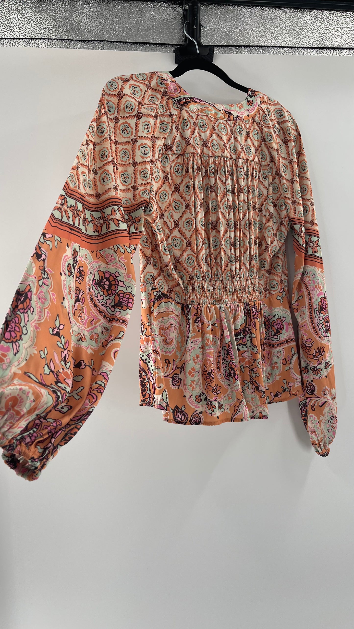 Free People Silky Orange Paisley Tie Front Blouse (M)