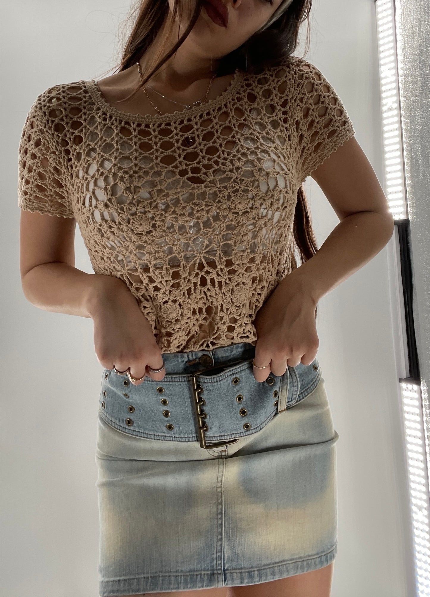 Vintage Tan Crochet Short Sleeve (Small)