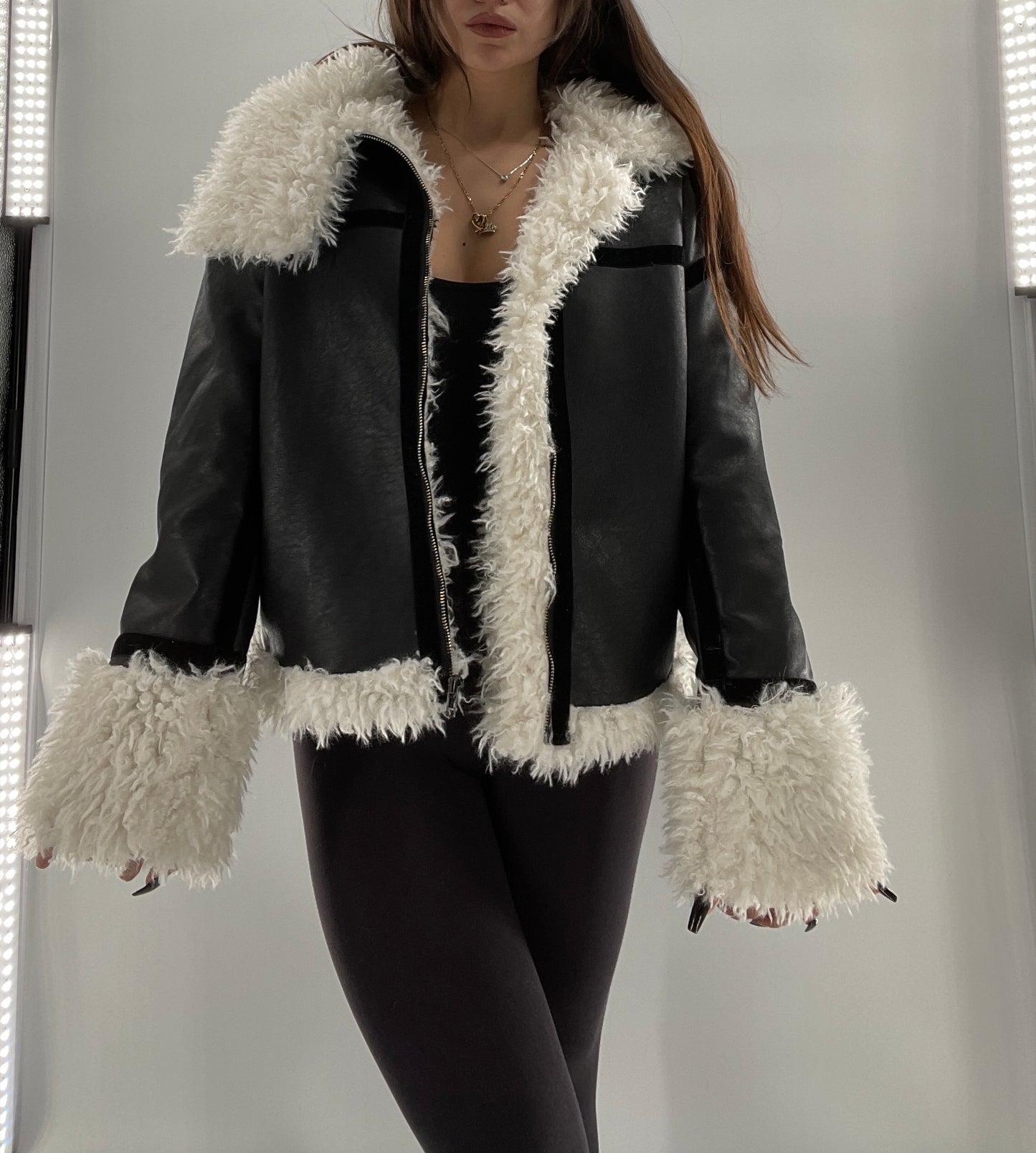 LIONESS Phoenix Jacket Black Faux Leather White Fur Trim (XS)