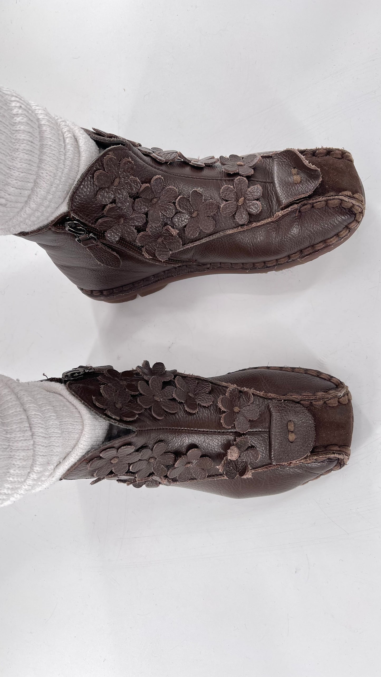 Handmade Brown Leather Flower Power Booties (38)