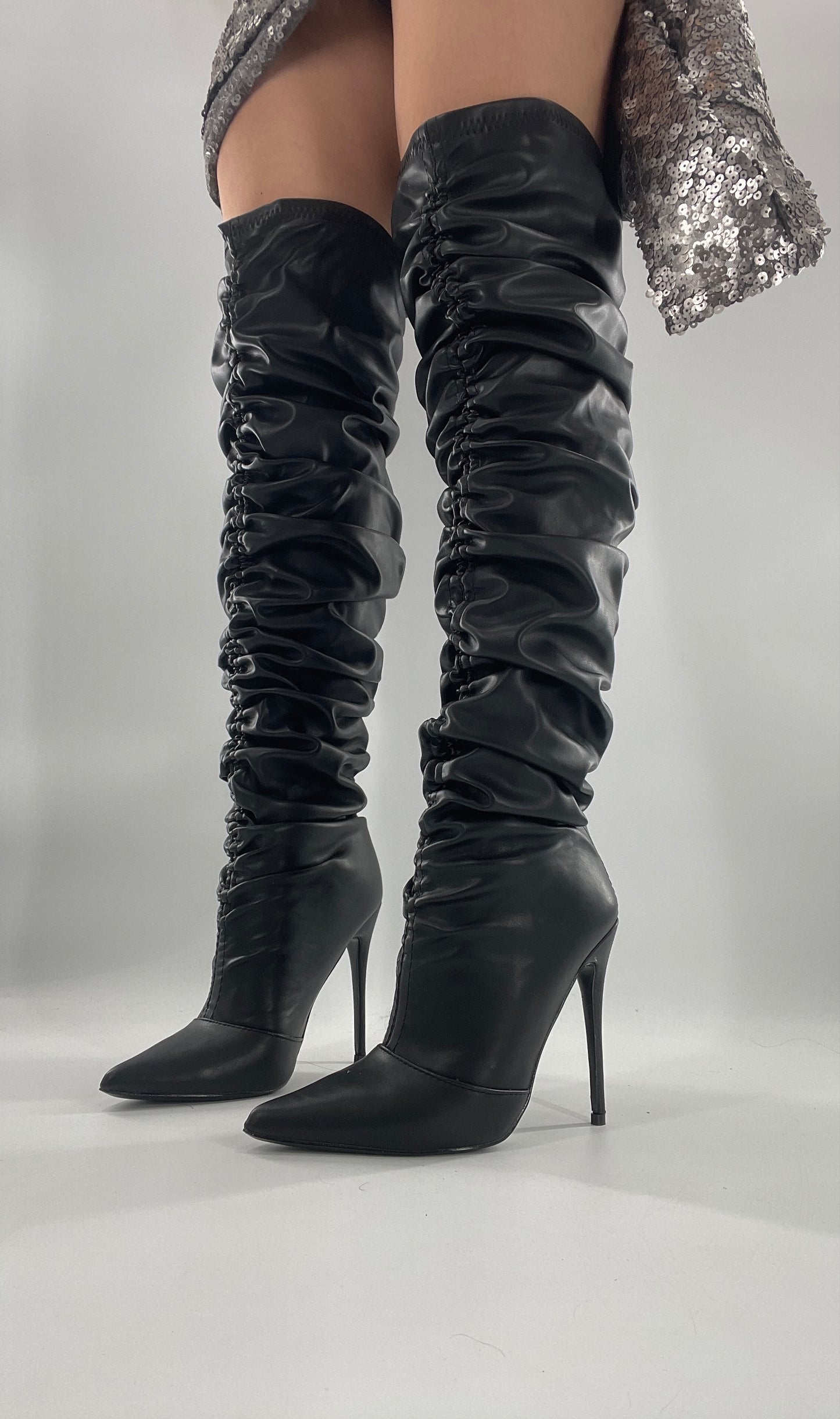 Unlabeled Black Vegan Leather Thigh High Scrunch Boots (8)