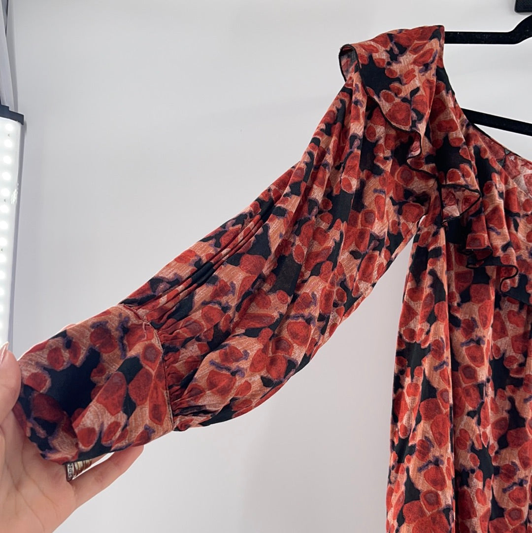 Free People One Sleeve Red Patterned Top (XS)