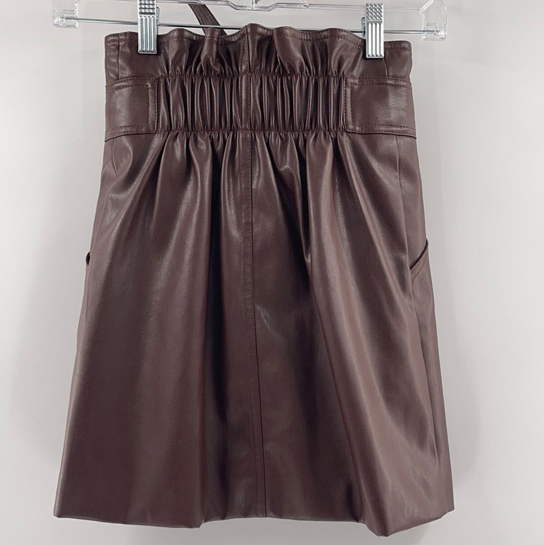 Urban Outfitters Brown Vegan Leather Mini Skirt with Elastic Waist, Belt and Front Buttons (Size XS)