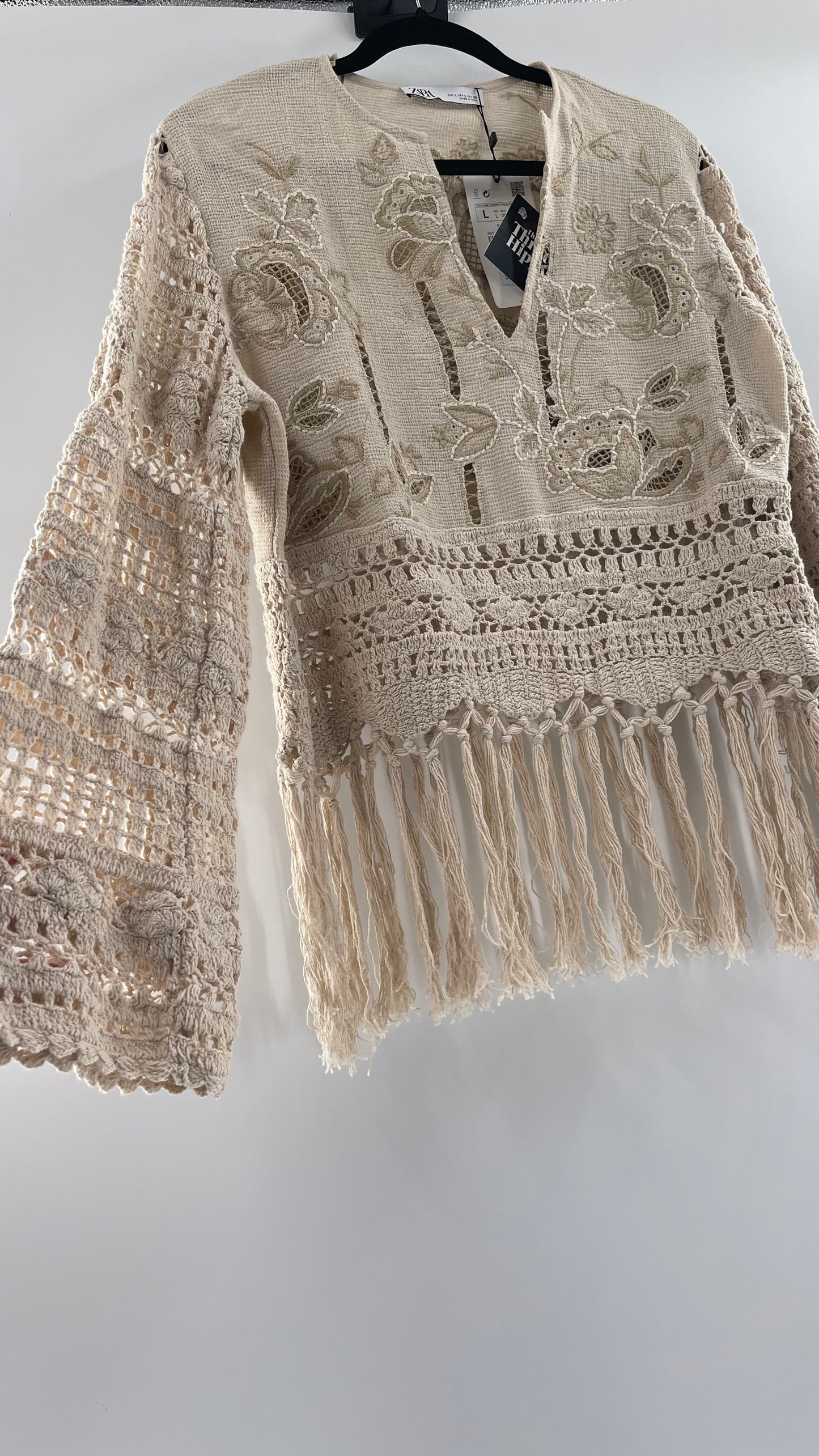 Zara Beige Gauze, Crochet, Embroidered Tunic Blouse (Large)