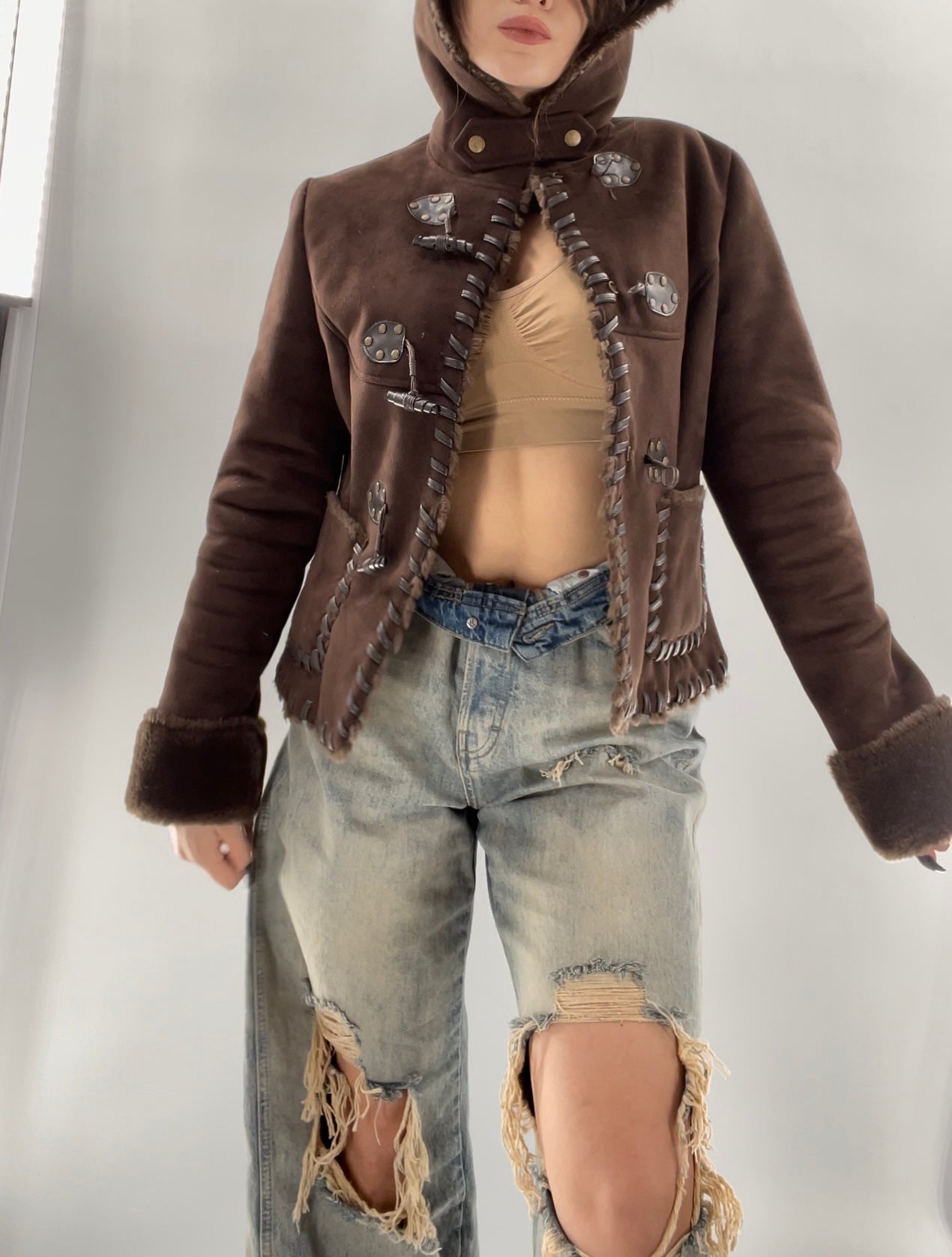 Via Spiga Vintage Faux Suede and Fur Trim Jacket (Small)