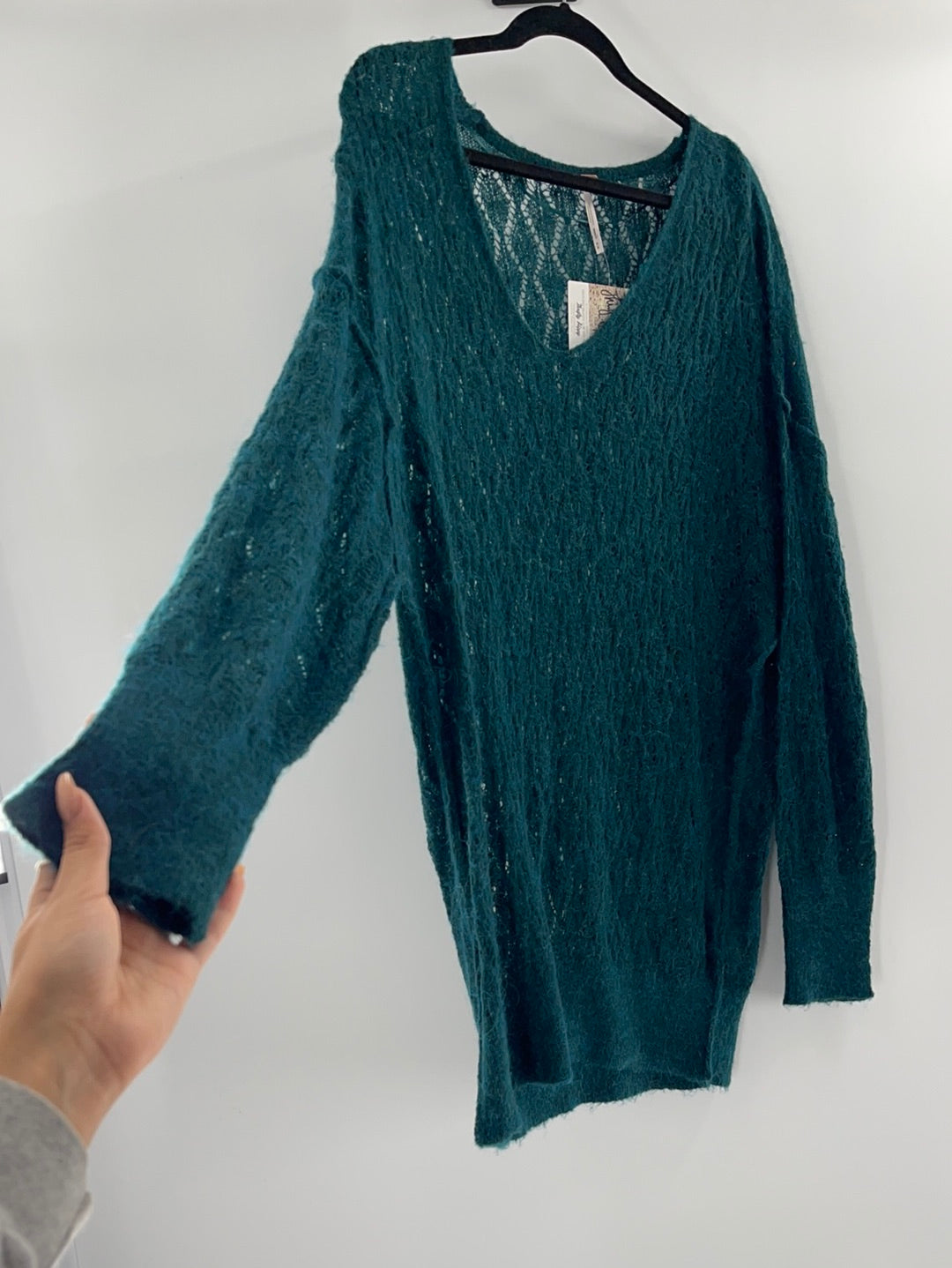 Free People Sheer Green Oversized Sweater (Size Medium)