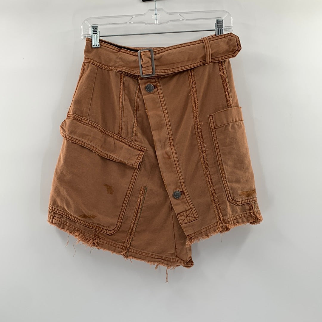 Free People Brown Denim Distressed Mini Skirt With Belt
