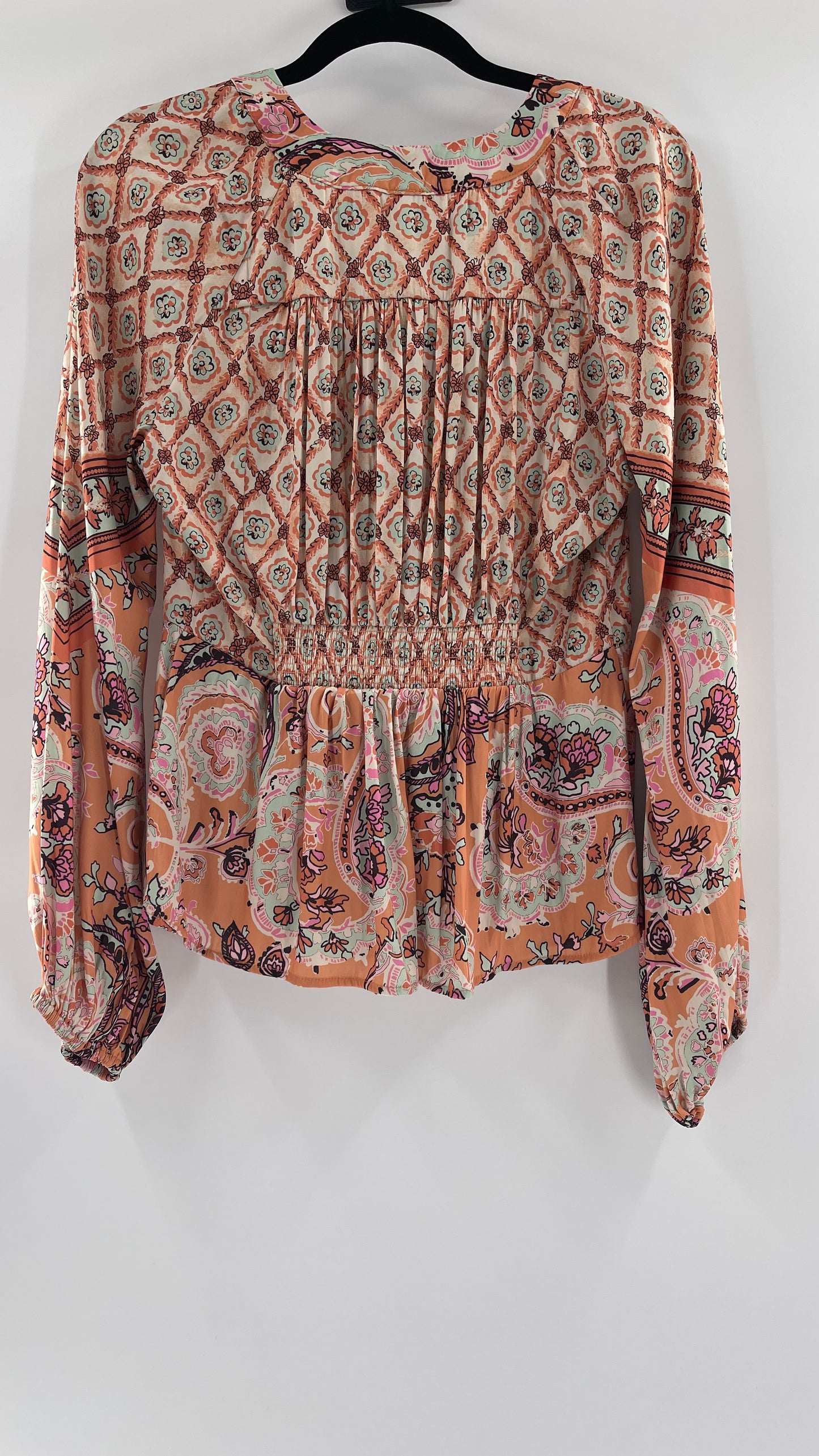 Free People Silky Orange Paisley Tie Front Blouse (M)
